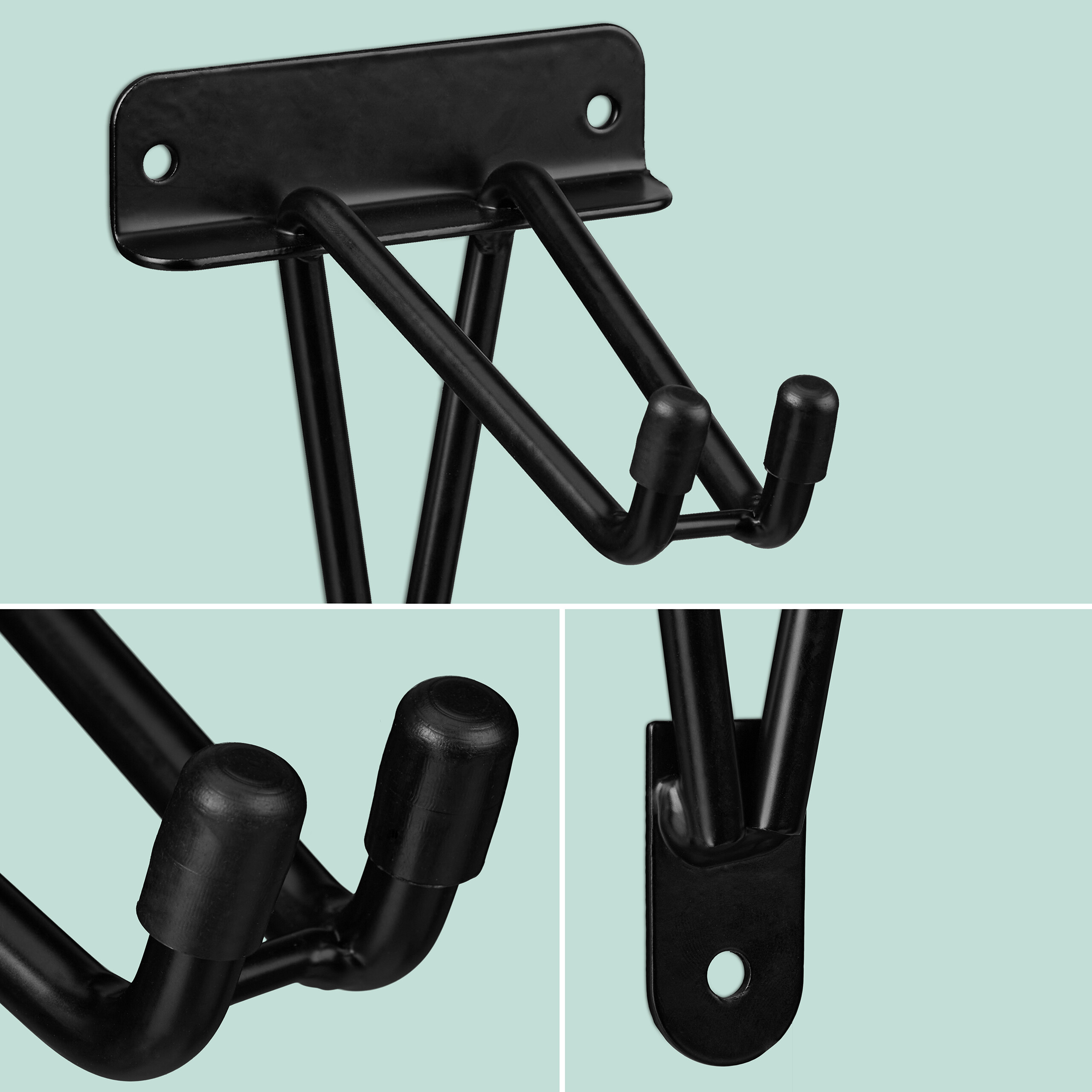 Schwarzer Metall-Wandhaken mit doppelten Armen und Schutzenden gegen Kratzer.