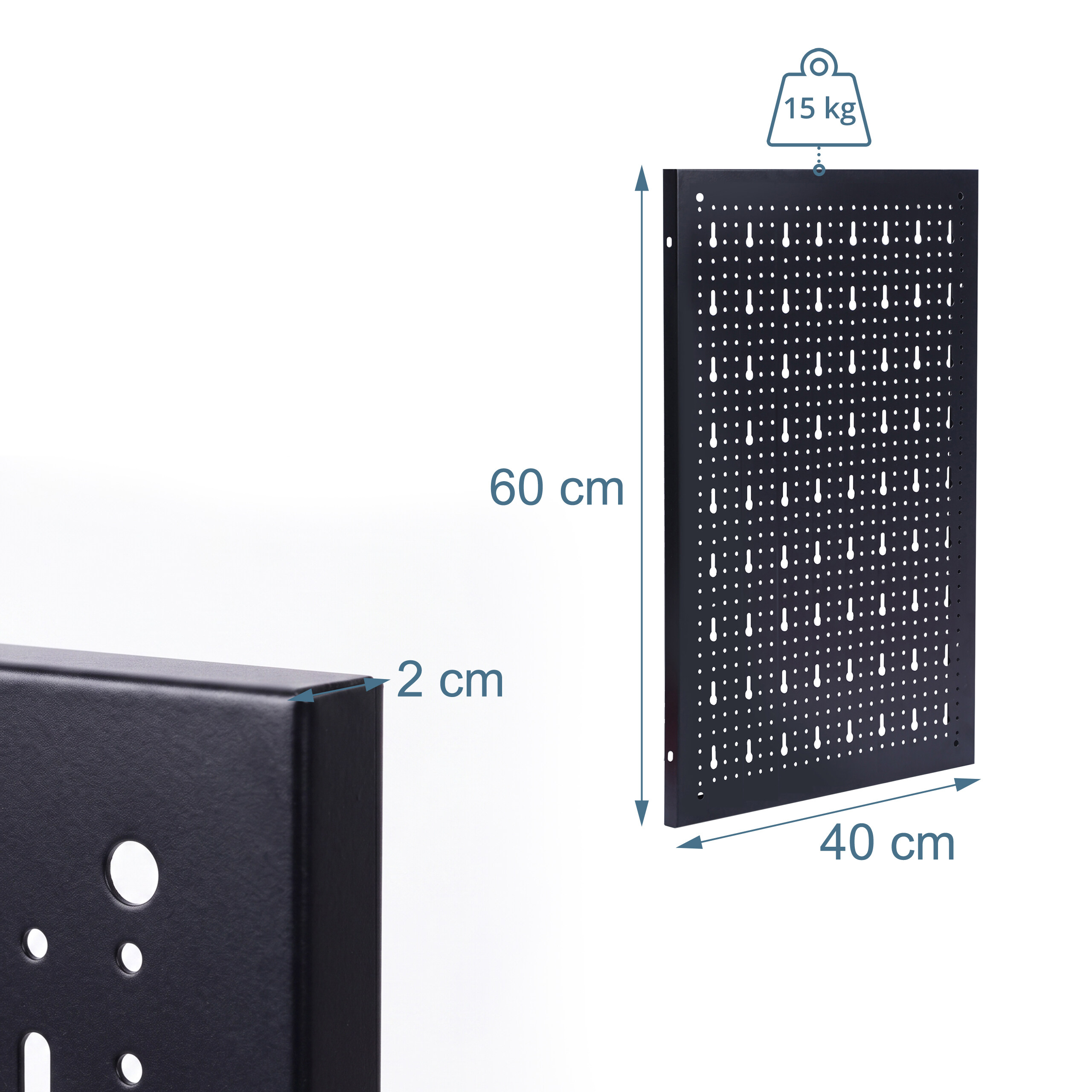 Schwarze Lochwand mit Maßen 60x40x2 cm und einer Tragkraft von 15 kg.