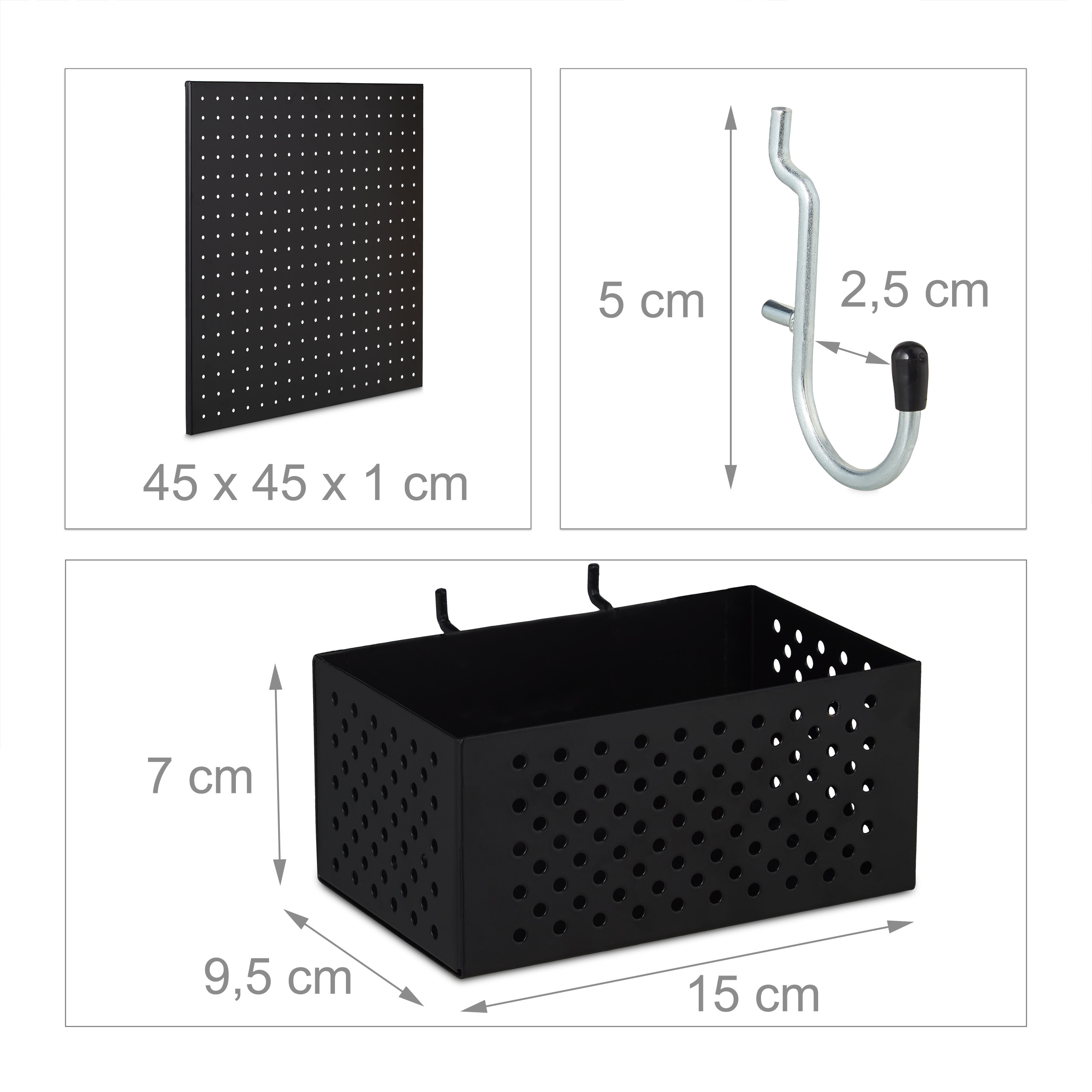 Technische Zeichnung mit Maßangaben für eine schwarze Lochwand, einen Haken und einen schwarzen Korb.
