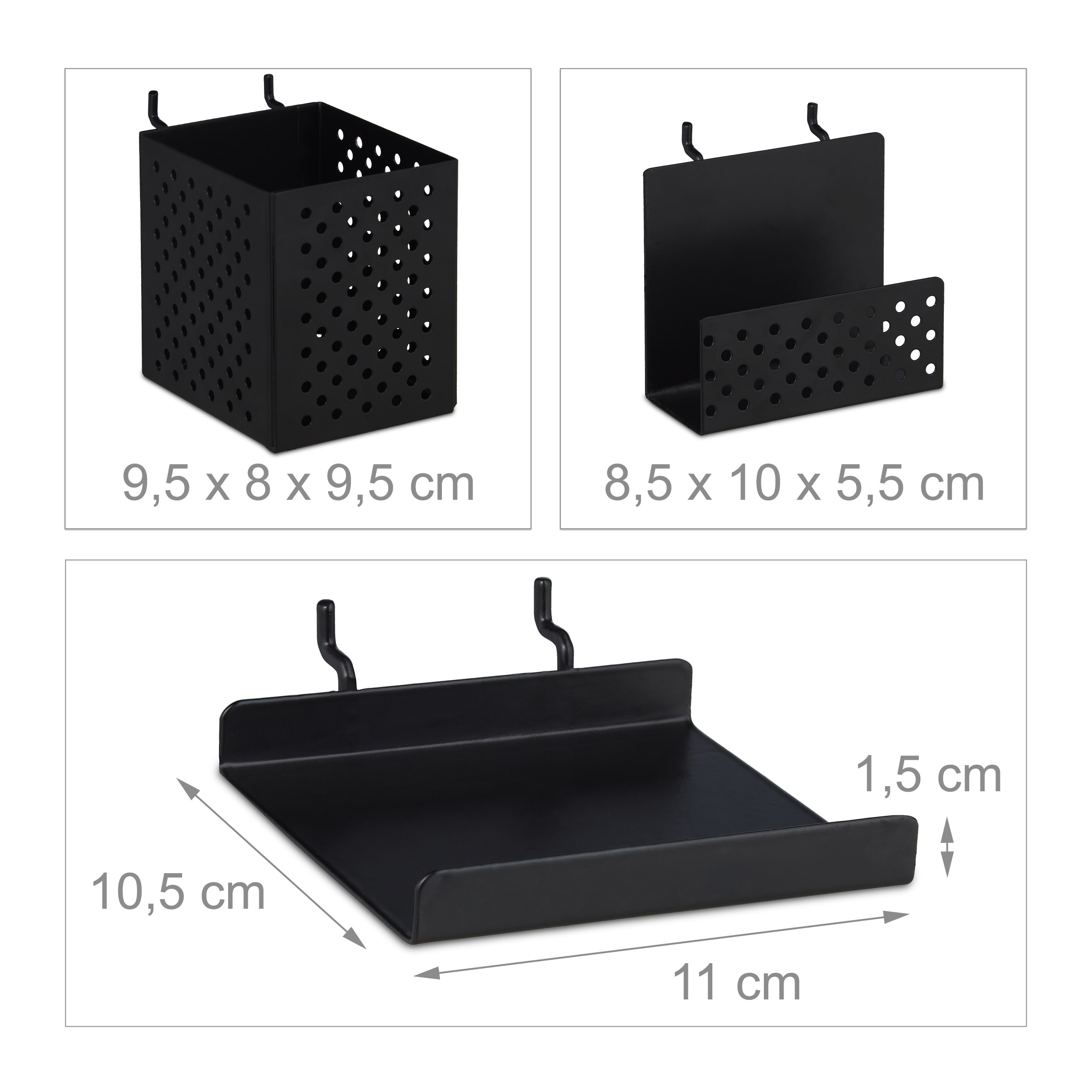 Drei schwarze Lochwand-Zubehöre mit Maßen auf weißem Hintergrund.