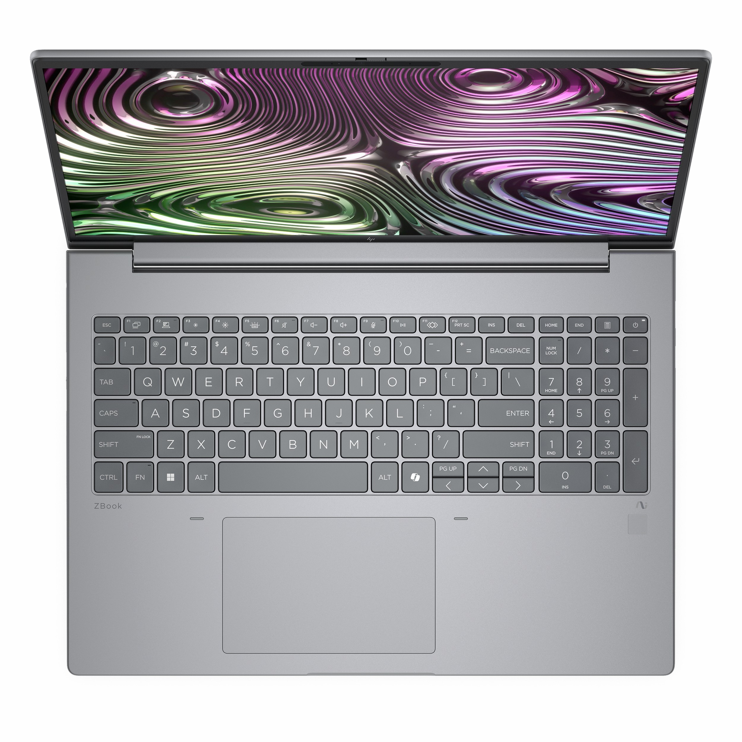 Ekranı ve ZBook klavyesi görünen üstten gri dizüstü bilgisayar.