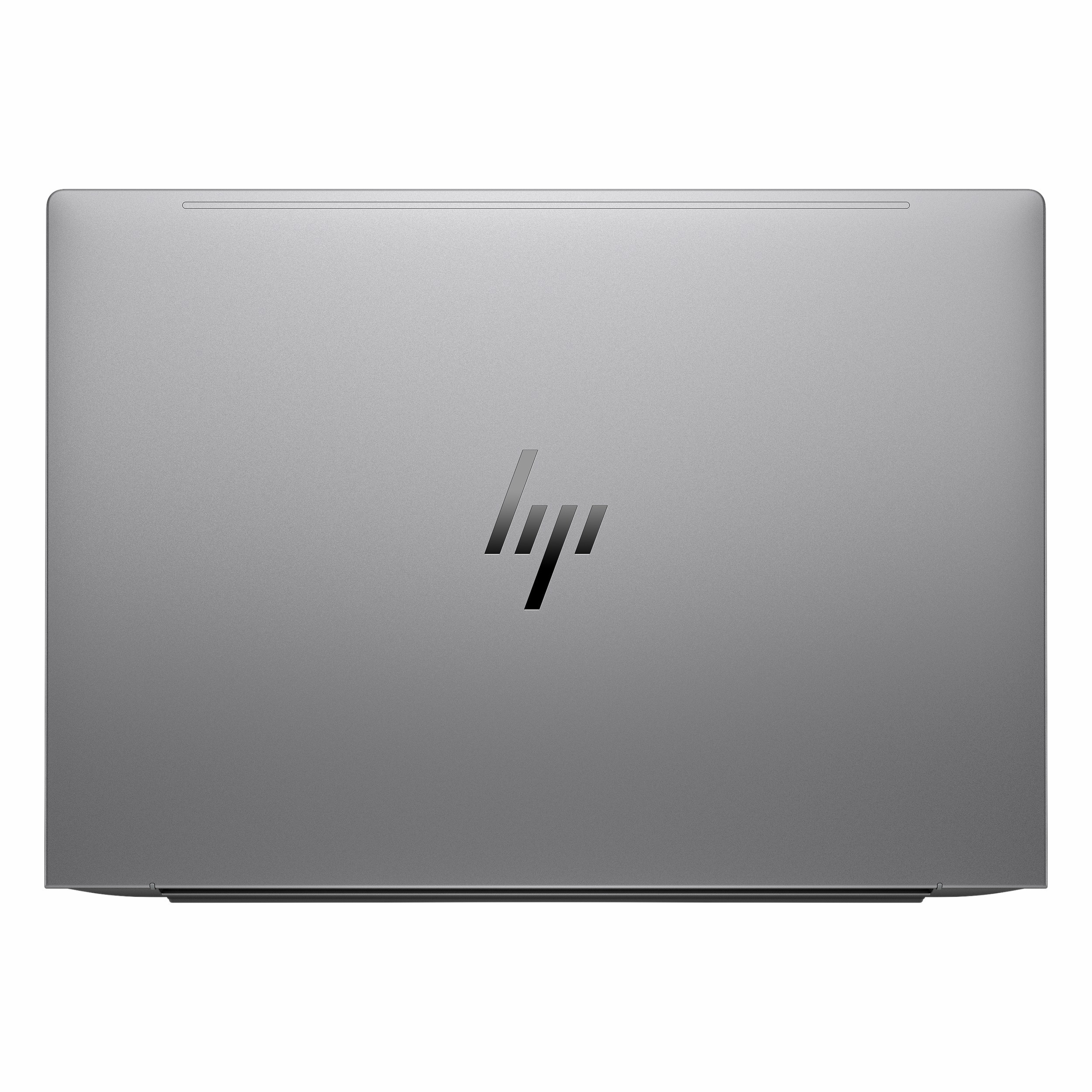 Beyaz arkaplanda ortasında HP logosu bulunan kapalı gri dizüstü bilgisayar.