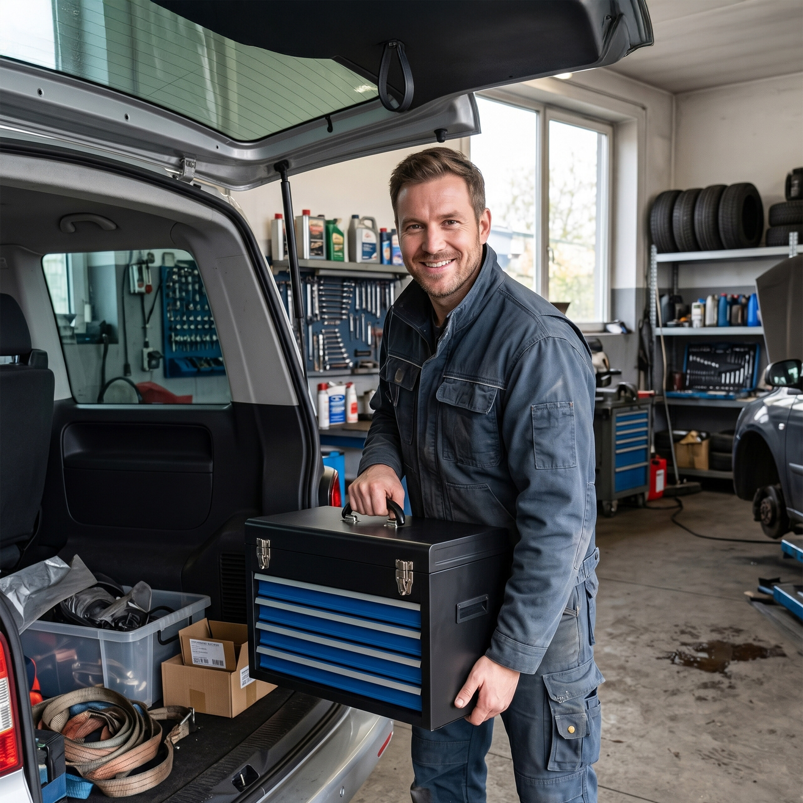 Ein Mechaniker in blauer Arbeitskleidung lächelt und trägt einen Werkzeugkasten am Kofferraum eines Autos.