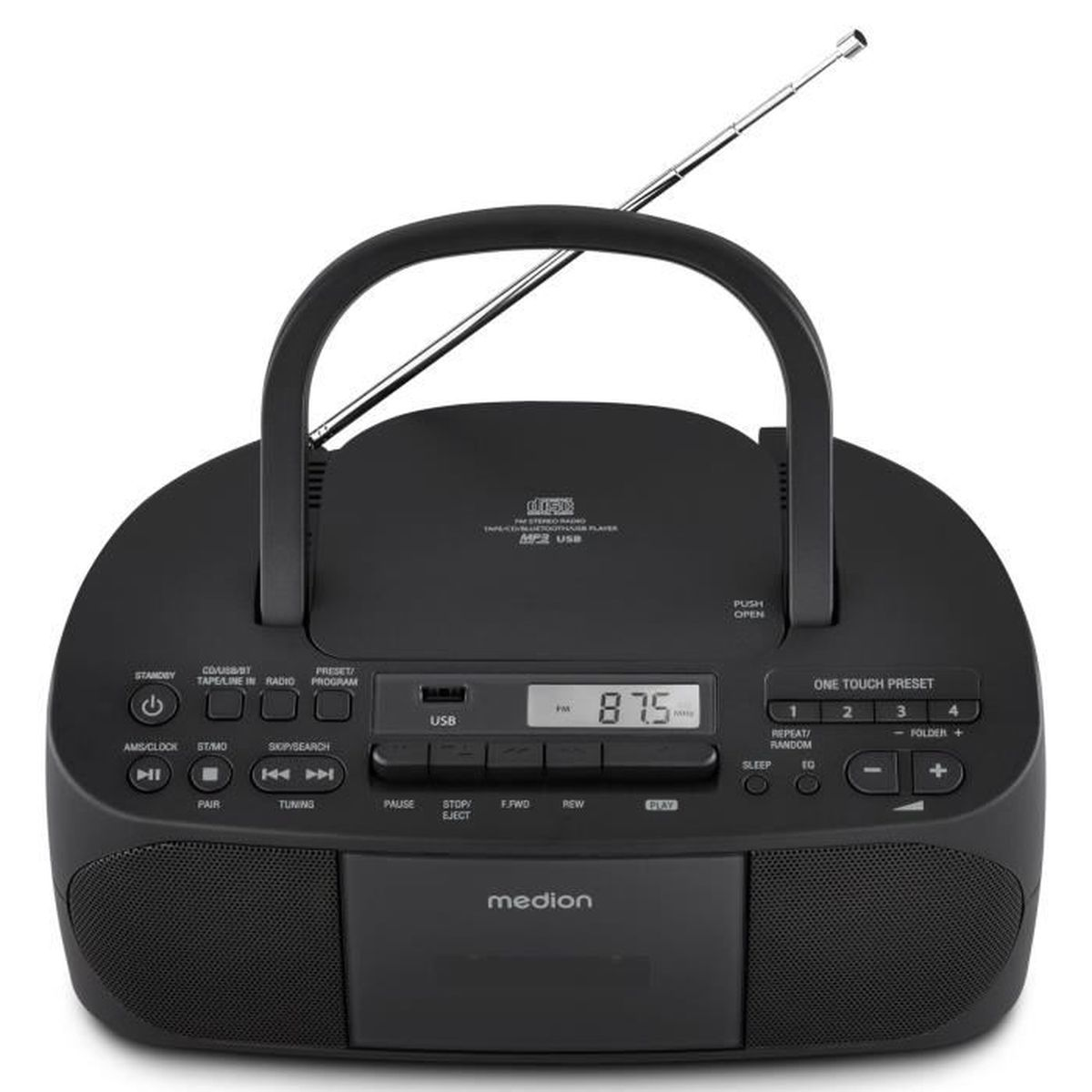 Ein schwarzer Medion-Boombox mit CD-Player, Kassettendeck, Radio, Digitaldisplay und ausgefahrener Antenne.
