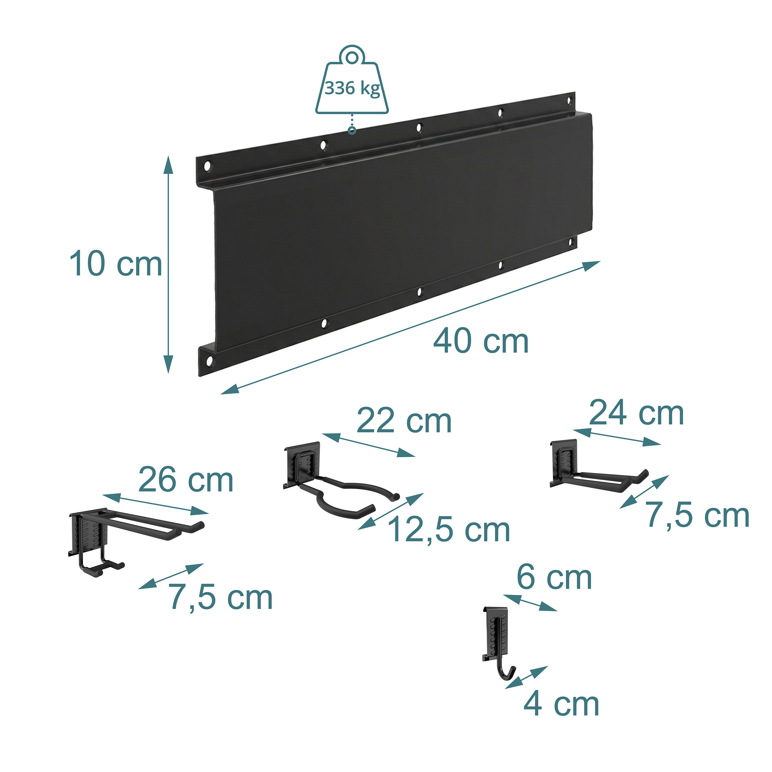 Schwarze Wandhalterung (40x10 cm, 336 kg max) mit vier verschiedenen Haken und Maßangaben.
