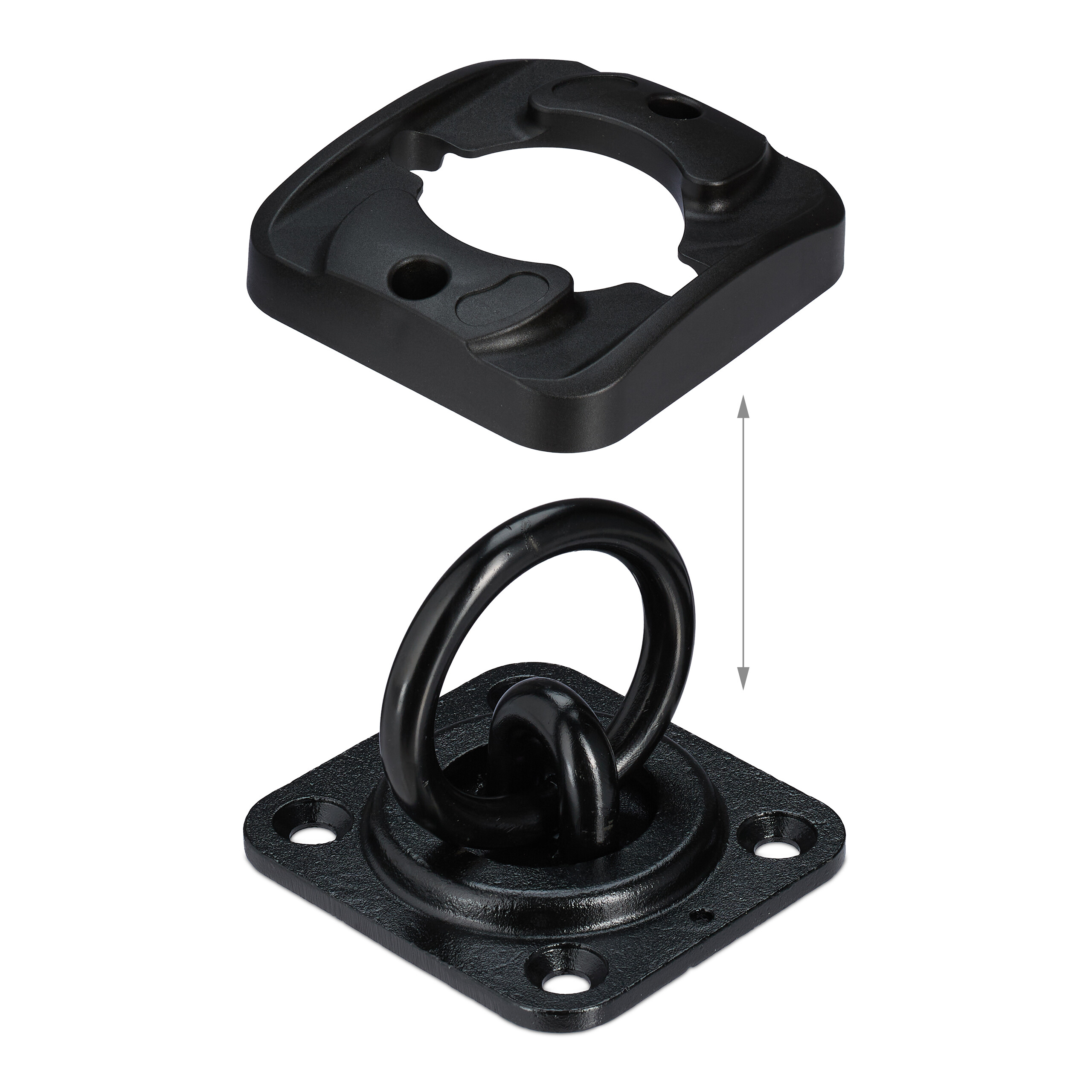 Schwarze Metall-Zurröse mit quadratischer Grundplatte und separater schwarzer Kunststoffabdeckung.
