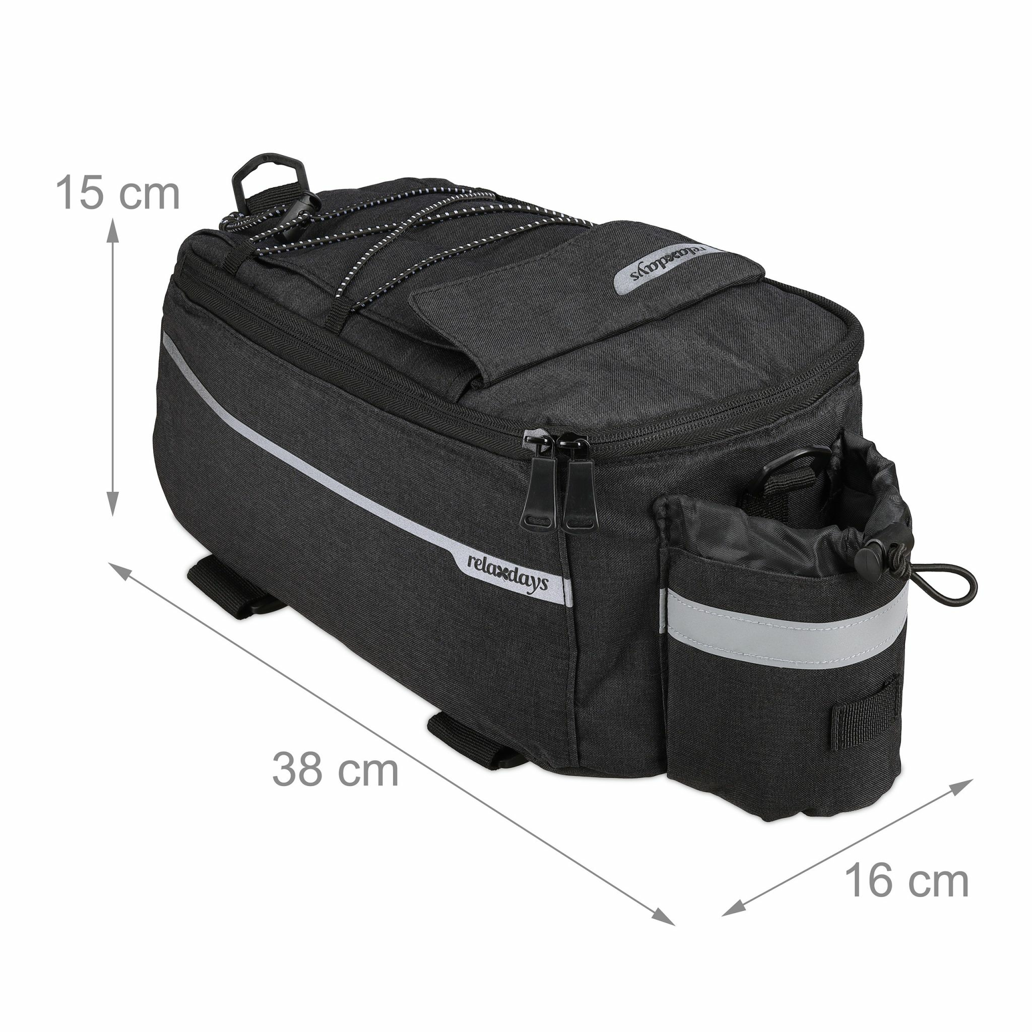 Schwarze Fahrrad-Gepäckträgertasche mit Maßen von 38x16x15 cm und reflektierenden Streifen.