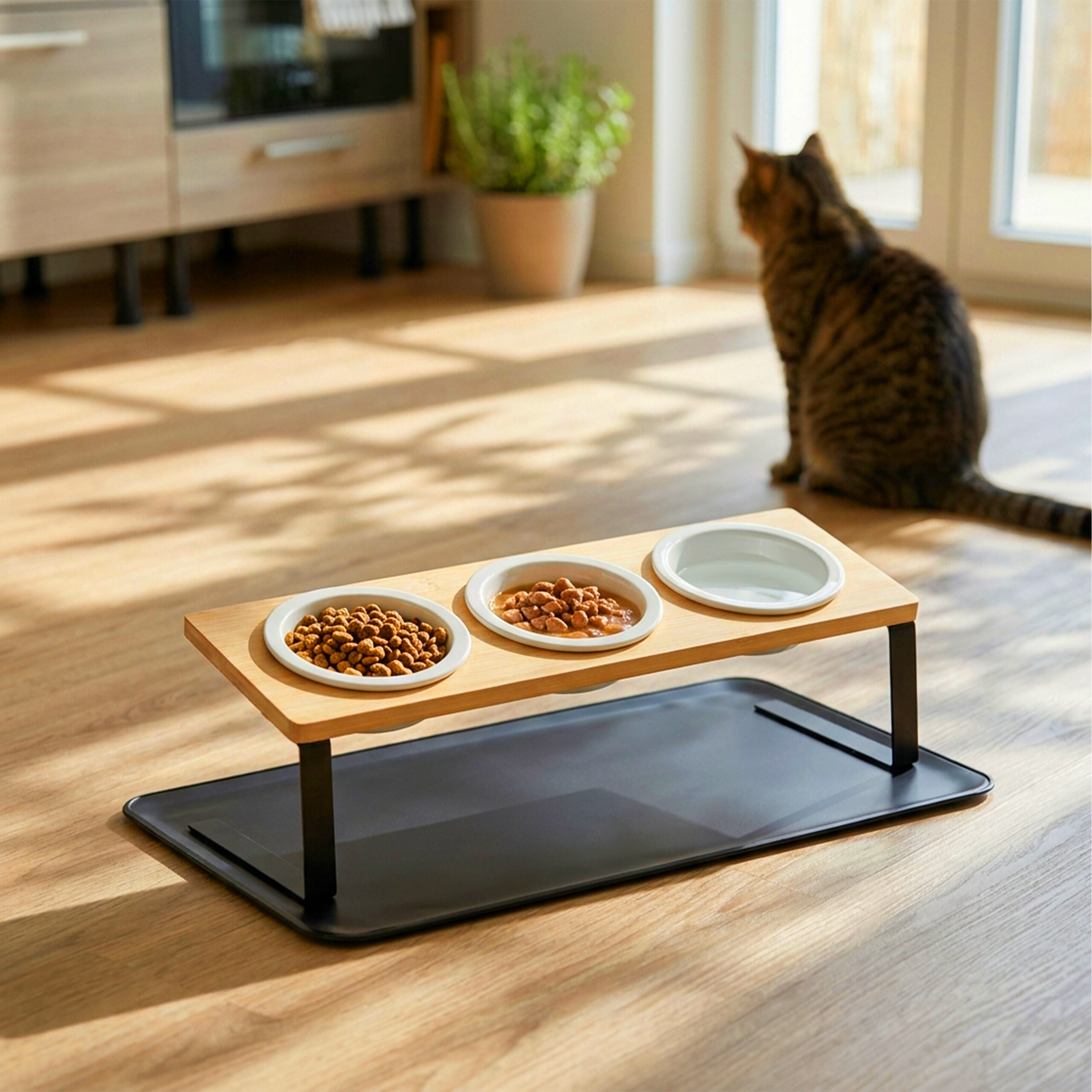 Holzfressnapfstation mit drei Schüsseln auf schwarzem Tablett im Zimmer, eine getigerte Katze sitzt im Hintergrund.