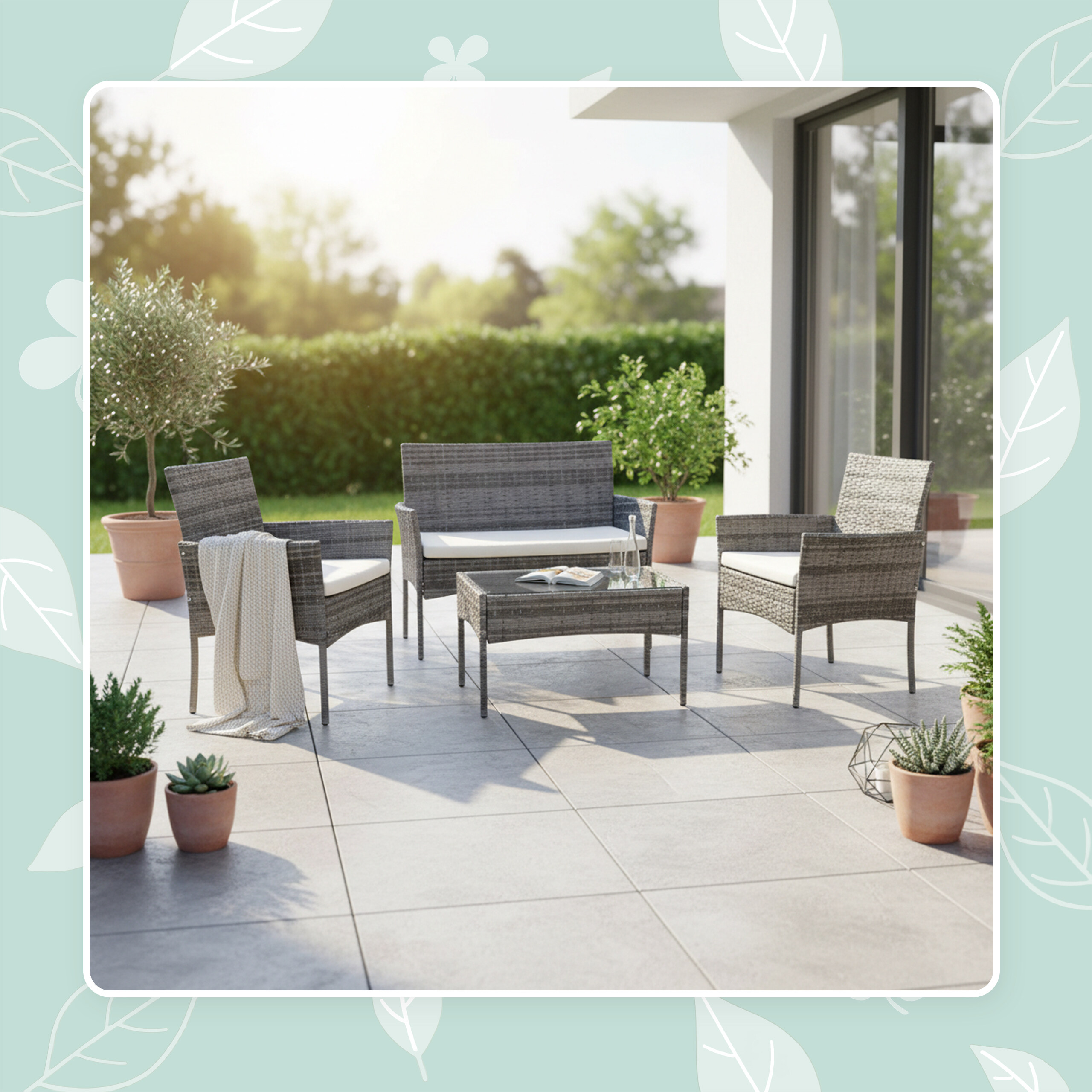 Graues Rattan-Gartenmöbelset mit weißen Kissen auf einer gefliesten Terrasse, umgeben von Topfpflanzen und einem sonnigen Garten.