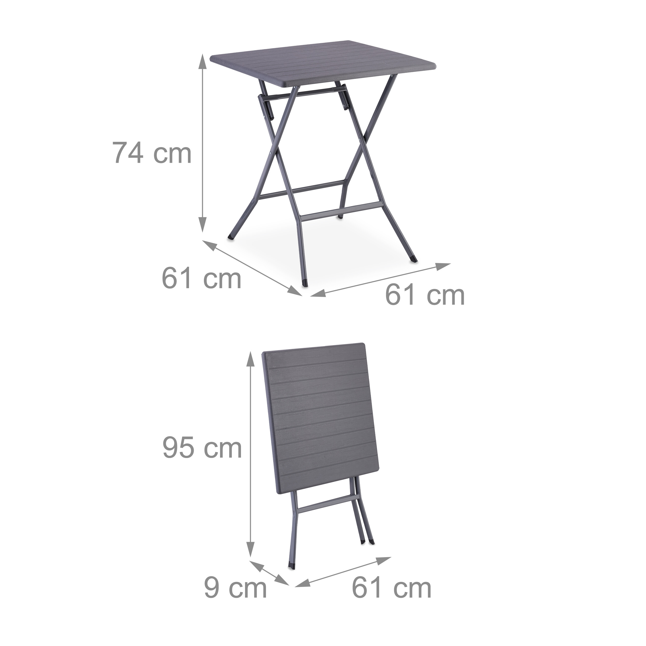 Grauer Klapptisch mit Maßen: 74cm hoch, 61cm breit; zusammengeklappt 95cm hoch, 9cm tief.