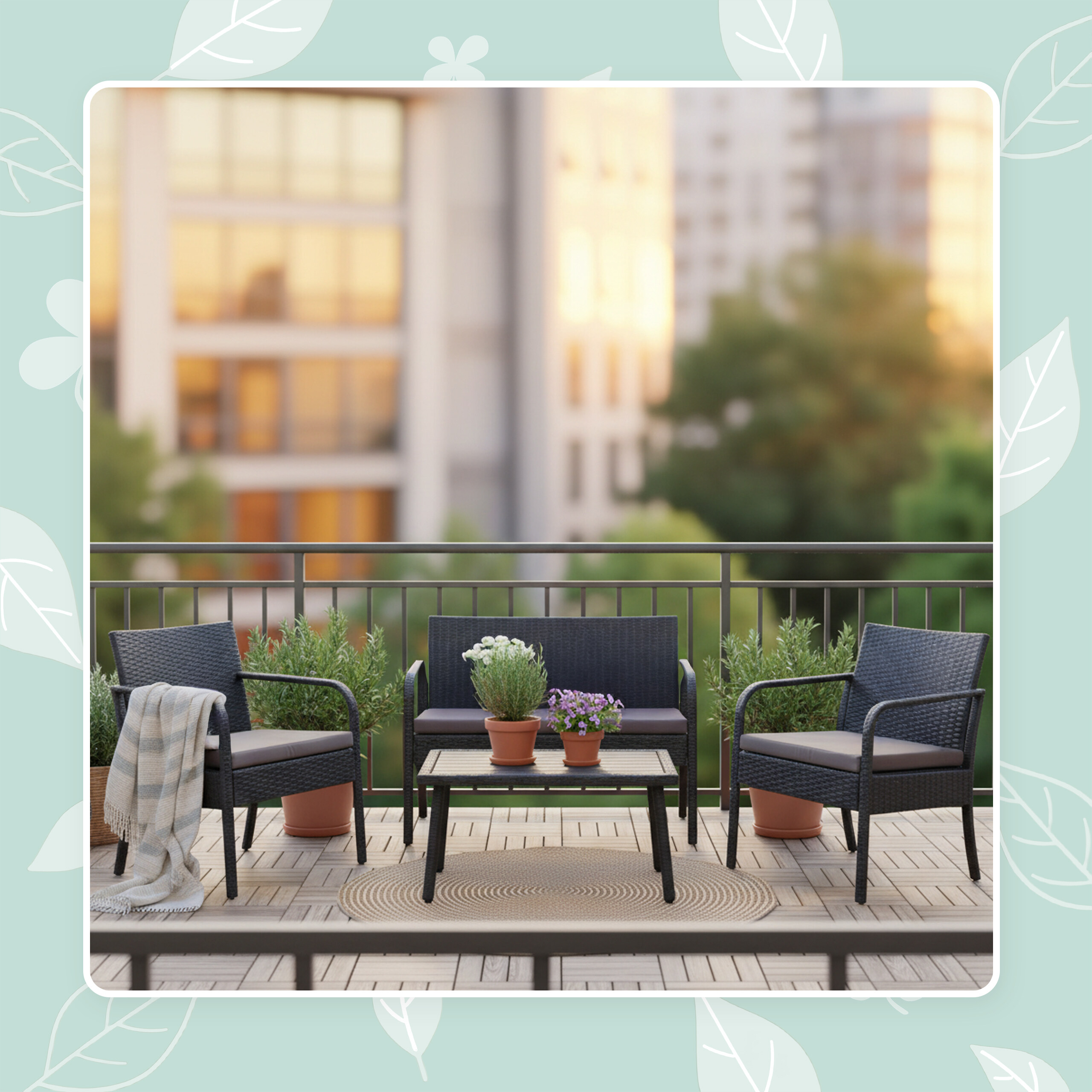 Moderne Balkoneinrichtung mit Sesseln, Tisch und Pflanzen vor städtischer Kulisse.