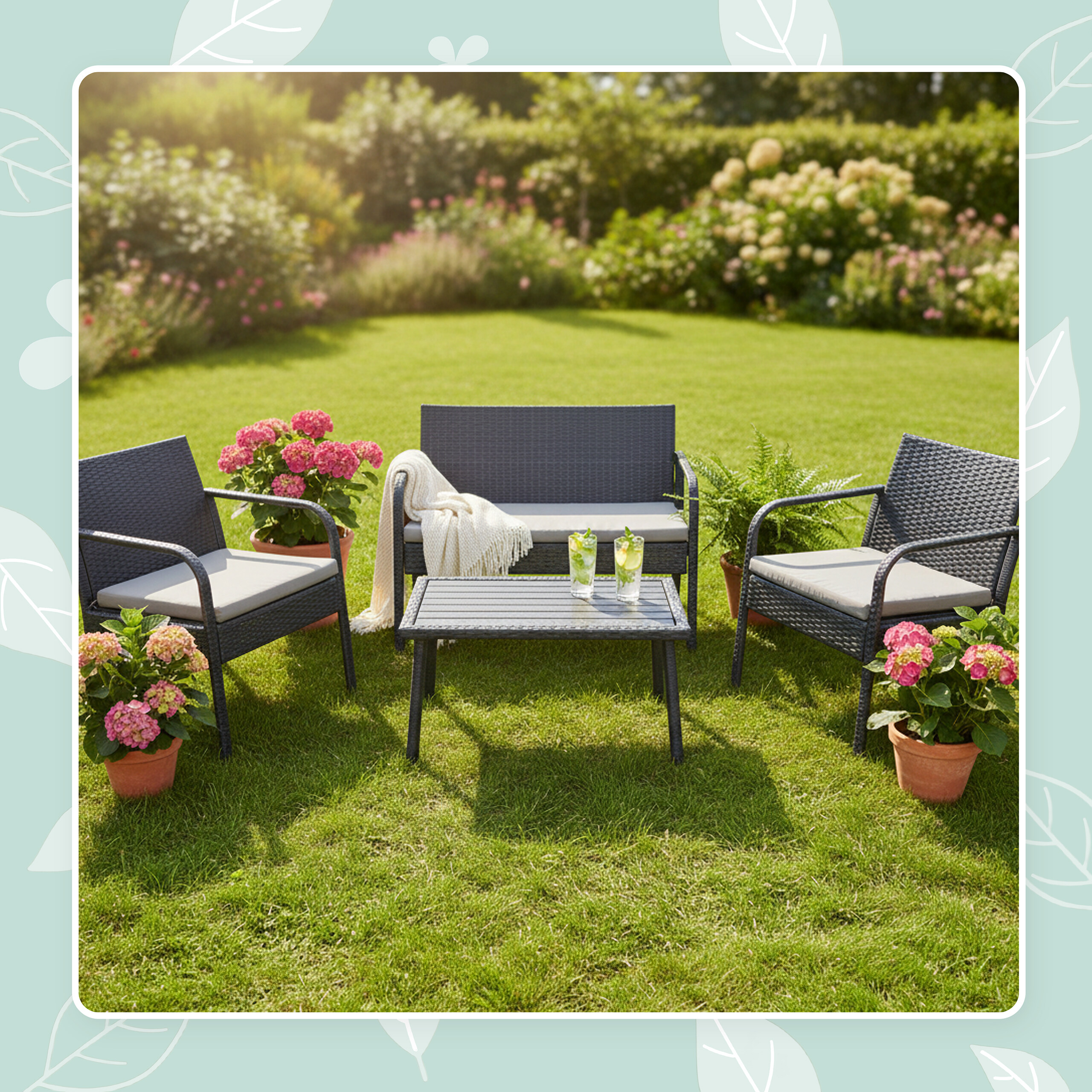 Graues Rattan-Gartenmöbelset mit Tisch, zwei Sesseln und einer Bank auf einem grünen Rasen mit Blumen.