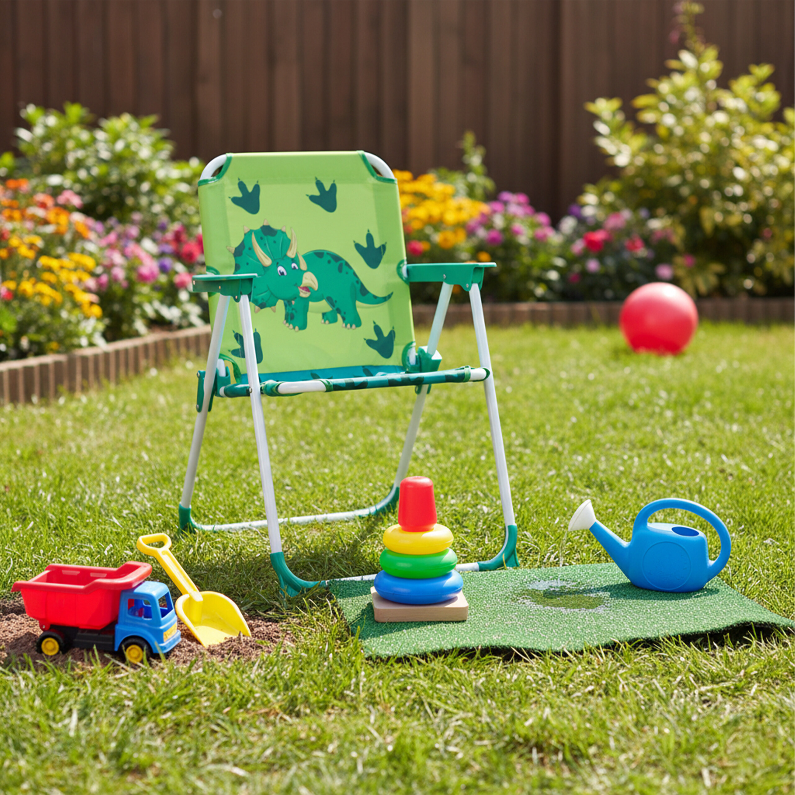 Ein grüner Kindersitz mit Dinosaurier, Spielzeug und eine Gießkanne auf Rasen im sonnigen Garten.