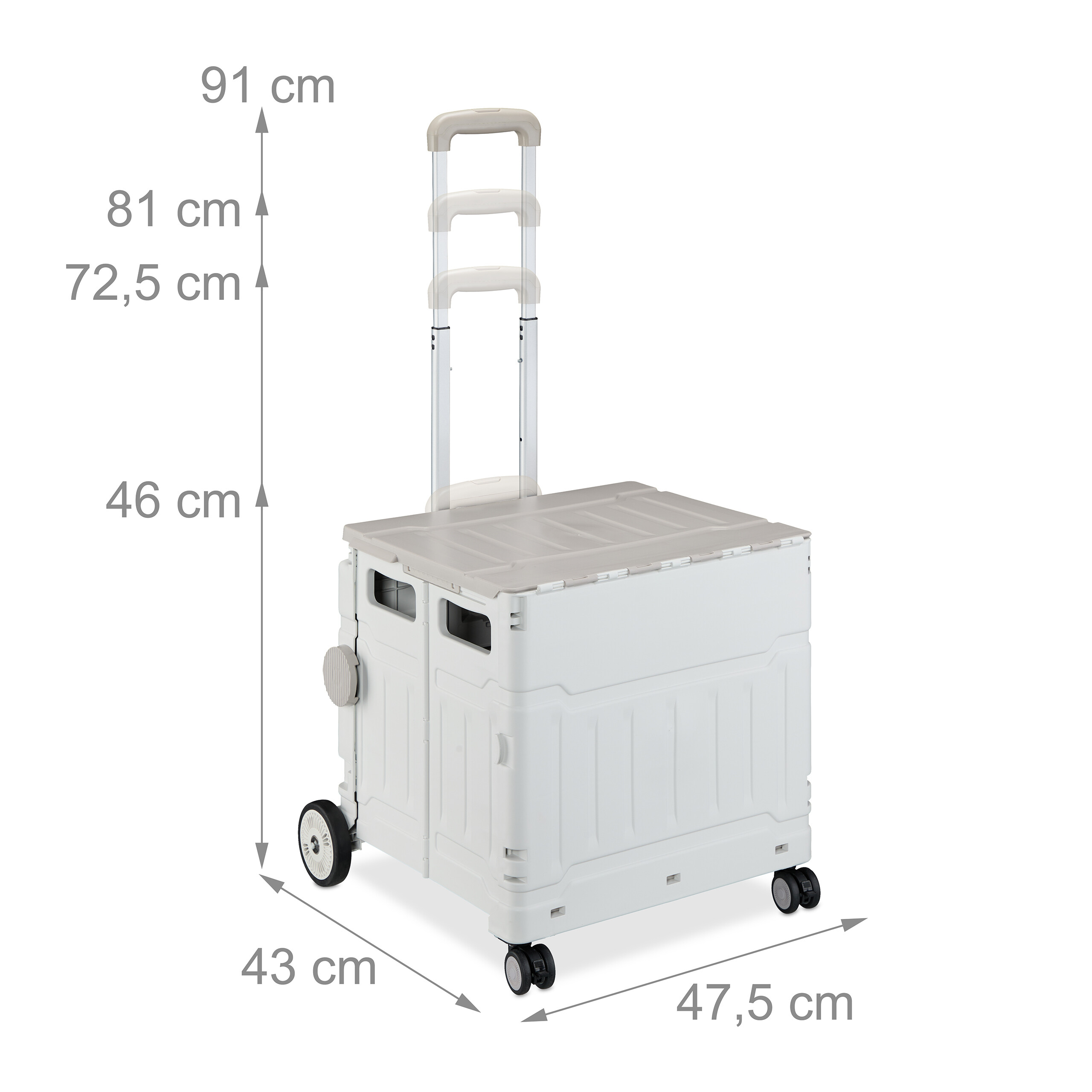 Weißer, zusammenklappbarer Einkaufstrolley mit Rädern, ausziehbarer Stange und Maßen in cm.