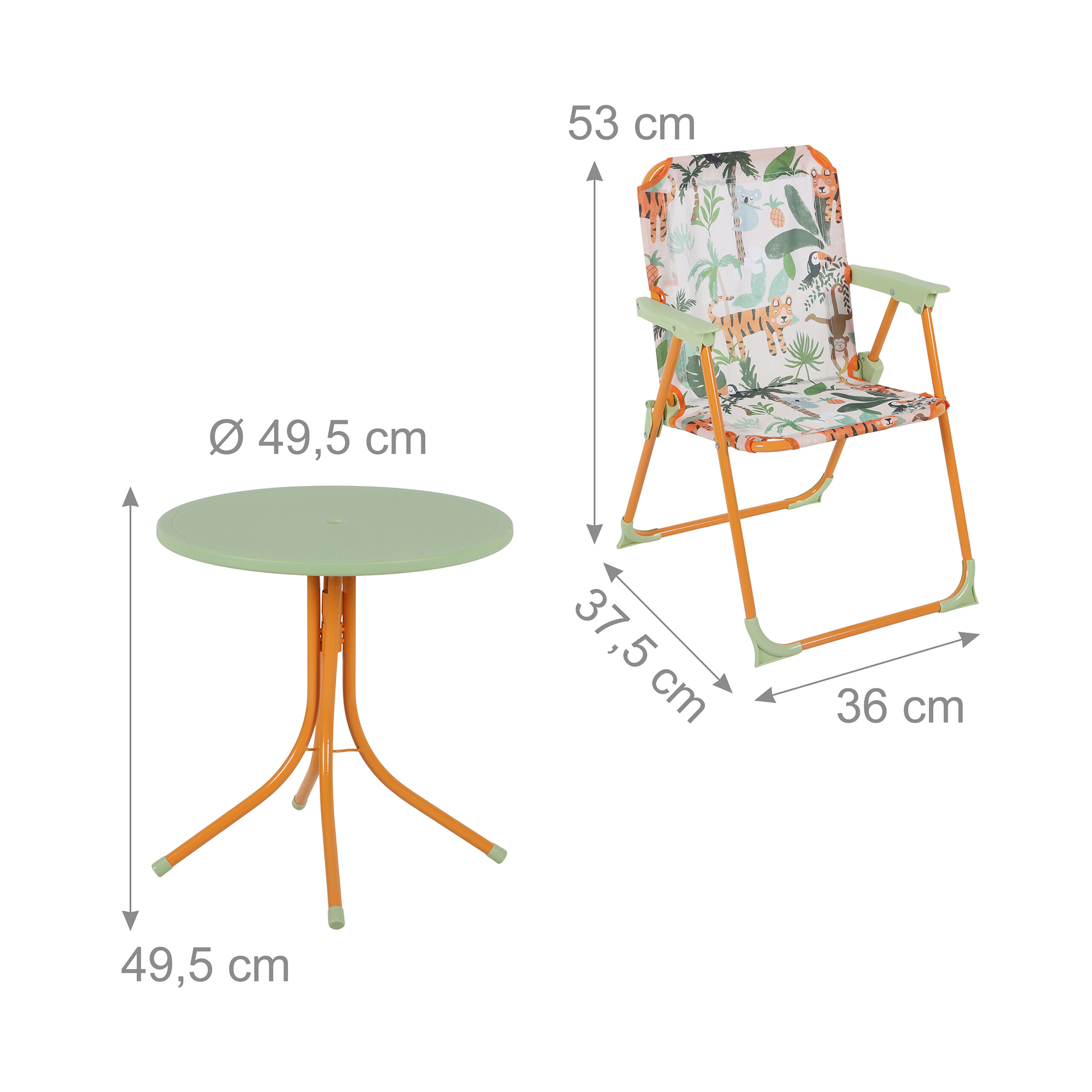 Grüner Kindertisch und passender Klappstuhl mit Dschungelmotiv inklusive Maße.