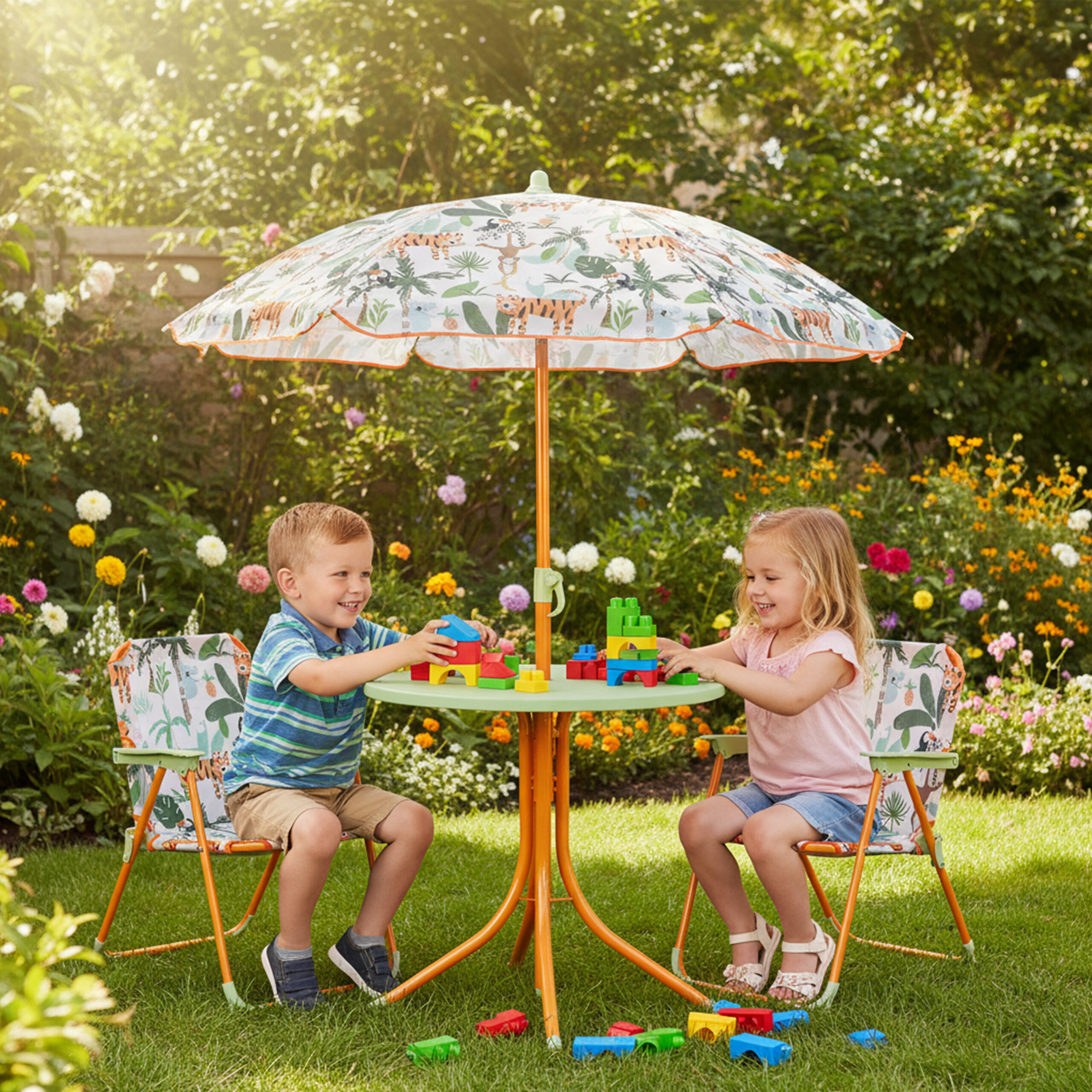 Zwei Kinder spielen mit bunten Bausteinen an einem Tisch mit Schirm im Garten.