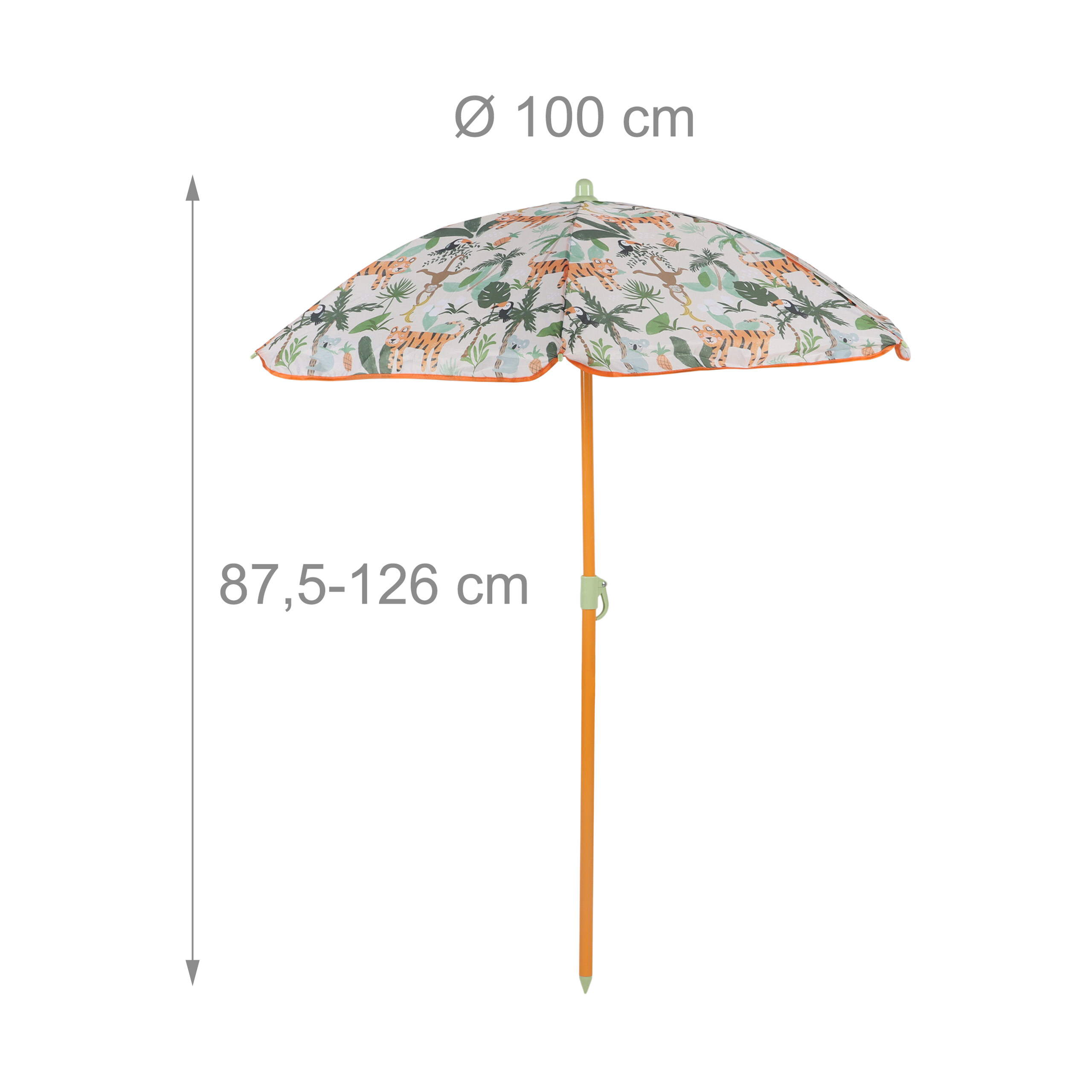 Bunter Sonnenschirm mit Dschungel-Motiv, 100 cm Durchmesser und Höhenangabe von 87,5-126 cm.