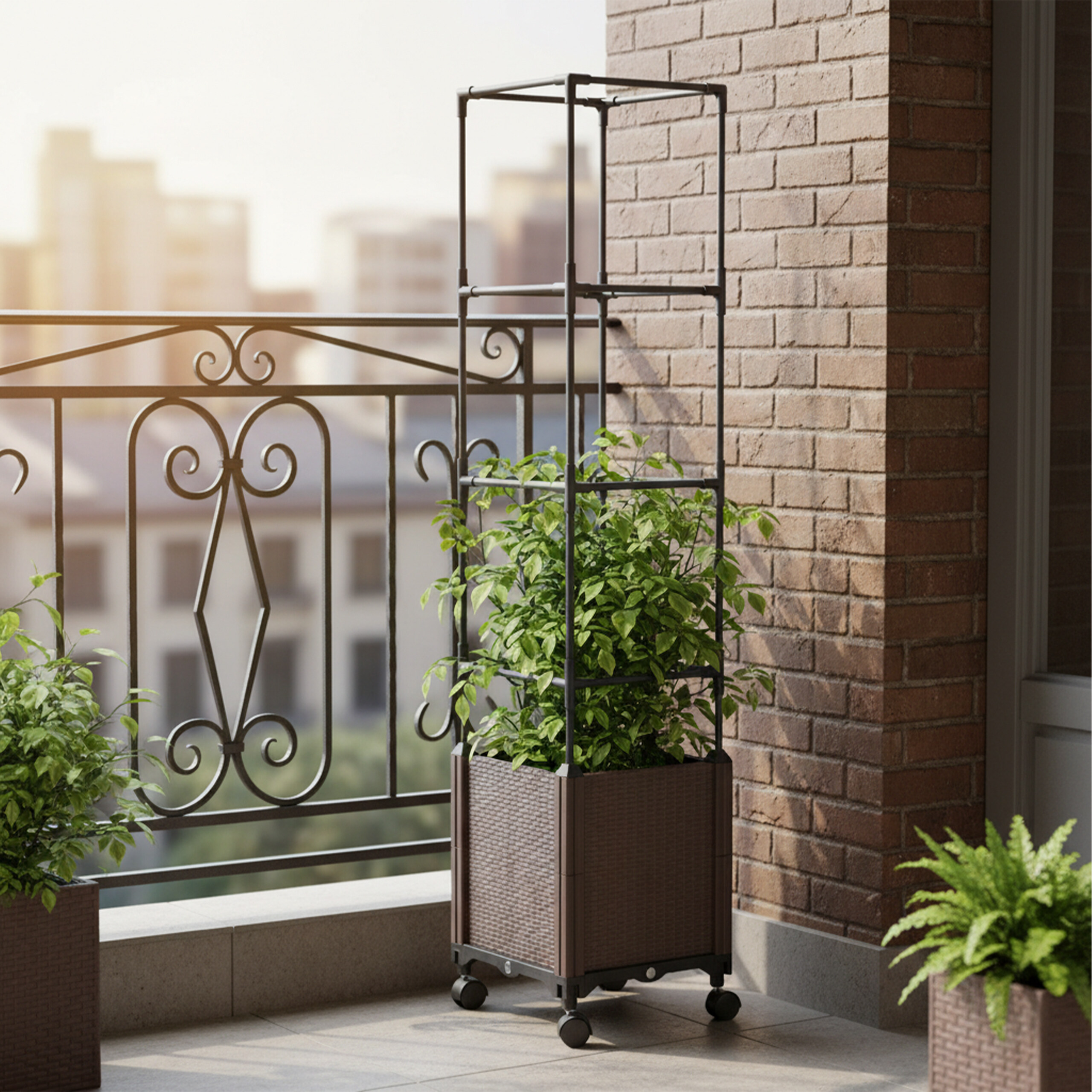 Ein rollbarer brauner Pflanzkübel mit grüner Pflanze und Metallspalier steht auf einem sonnigen Balkon.