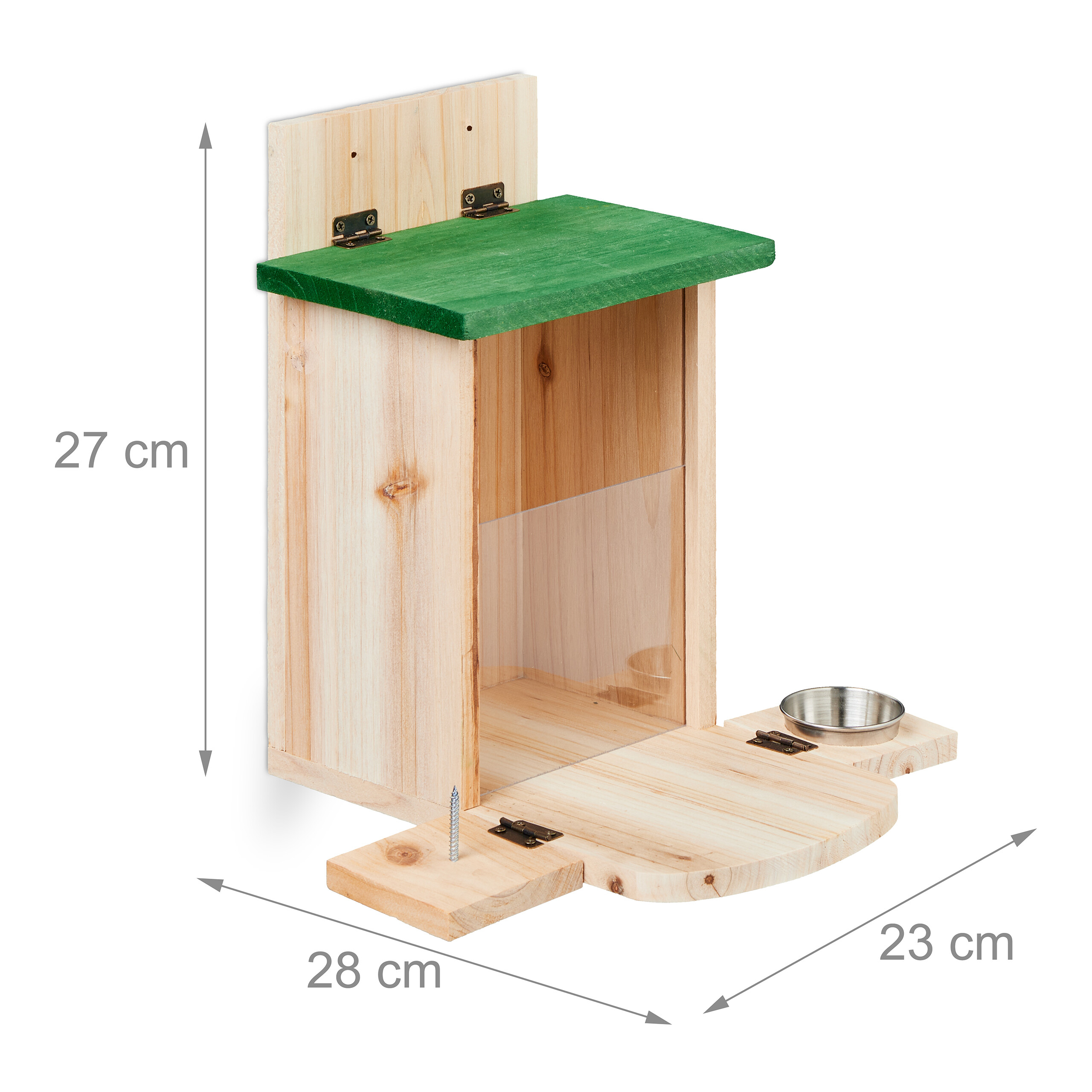 Hölzernes Vogelhäuschen mit grünem Dach, transparenter Front und Futternapf, mit Maßen von 27cm, 28cm und 23cm.