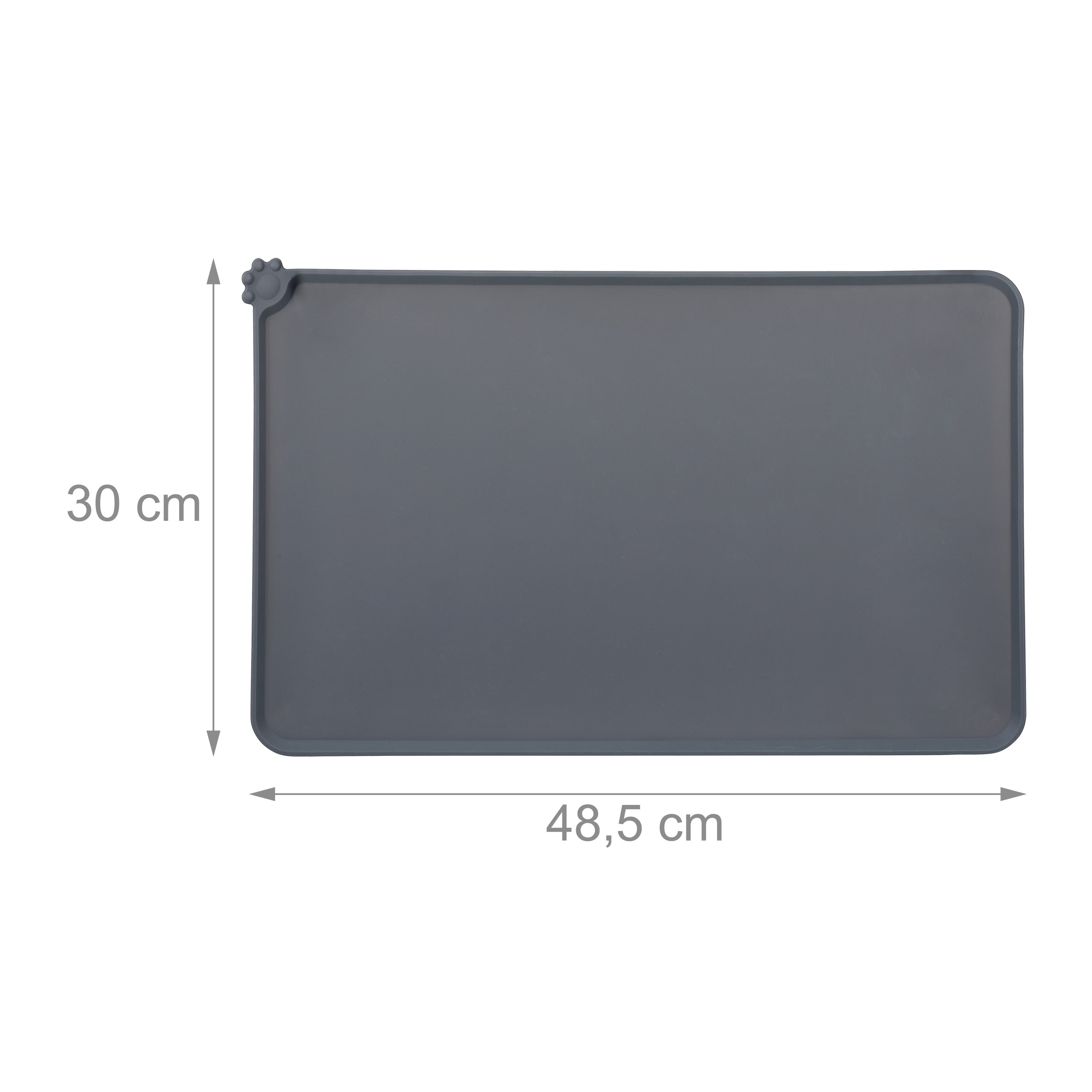 Graue Silikon-Haustierfütterungsmatte mit den Maßen 48,5 cm mal 30 cm und einer kleinen Pfotenabdruck-Dekoration in der Ecke.