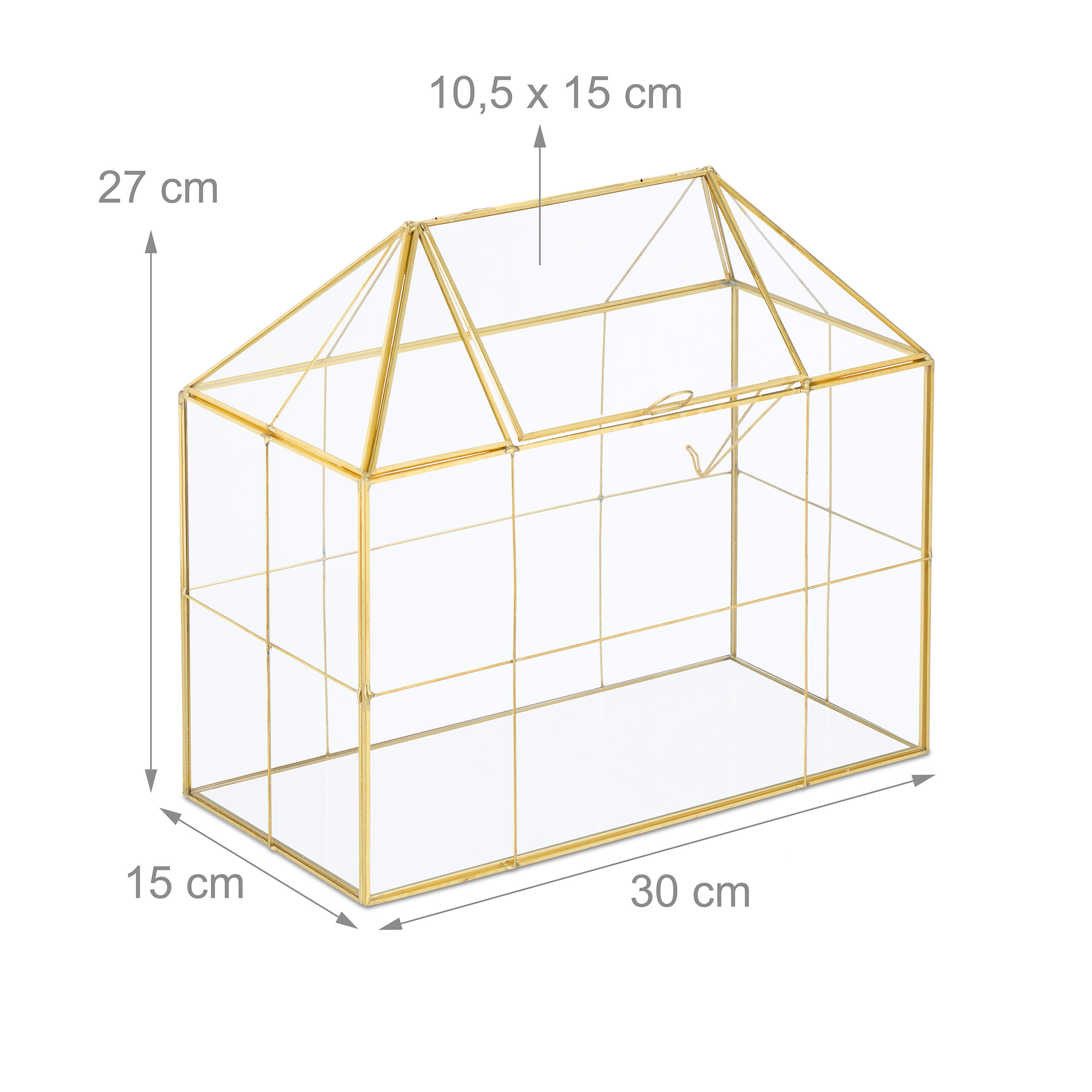Goldfarbenes, hausförmiges Glasgebinde mit Abmessungen von 30x15x27 cm und einem 10,5x15 cm Deckel.