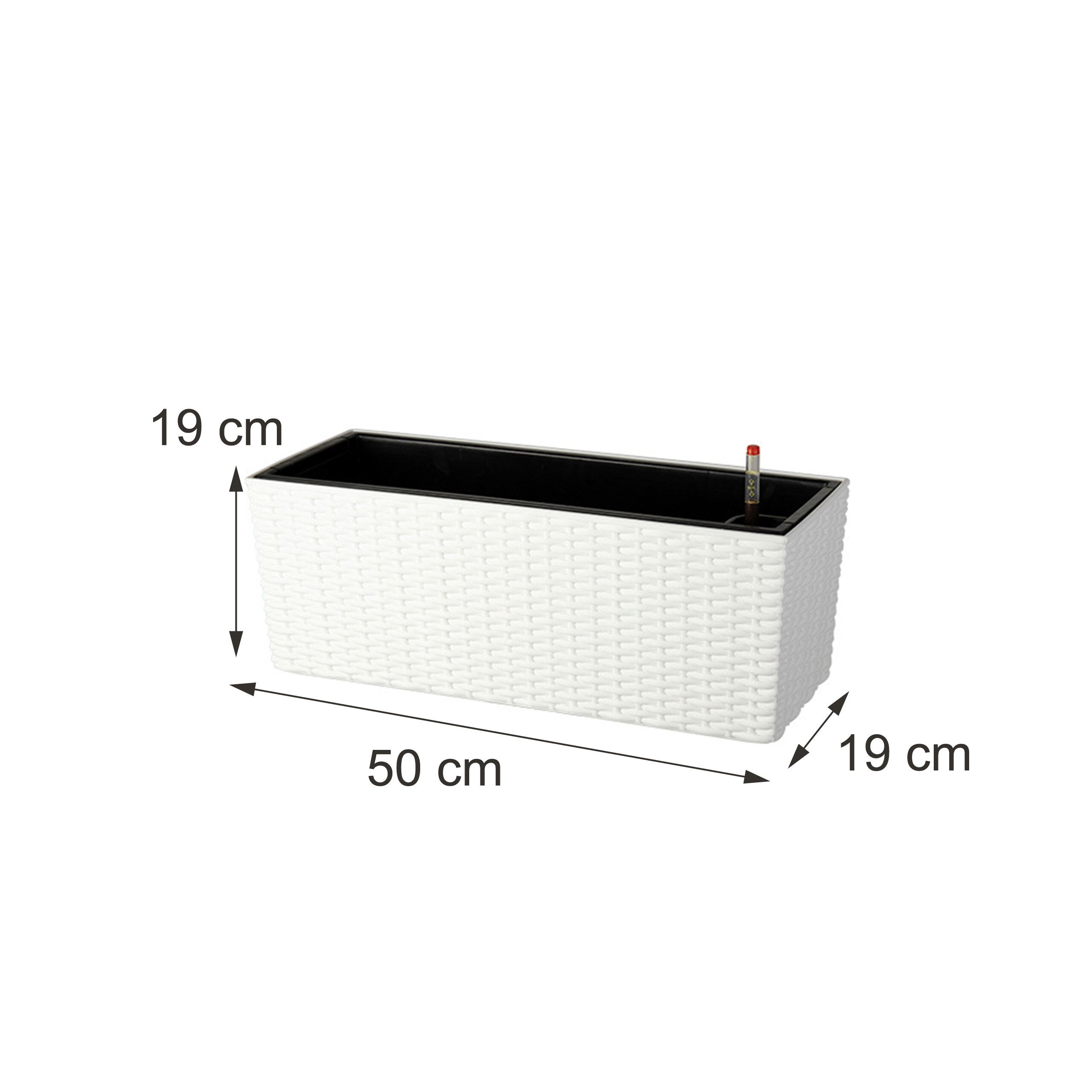 Weißer Rattan-Blumenkasten, Maße 50x19x19 cm, auf weißem Hintergrund.