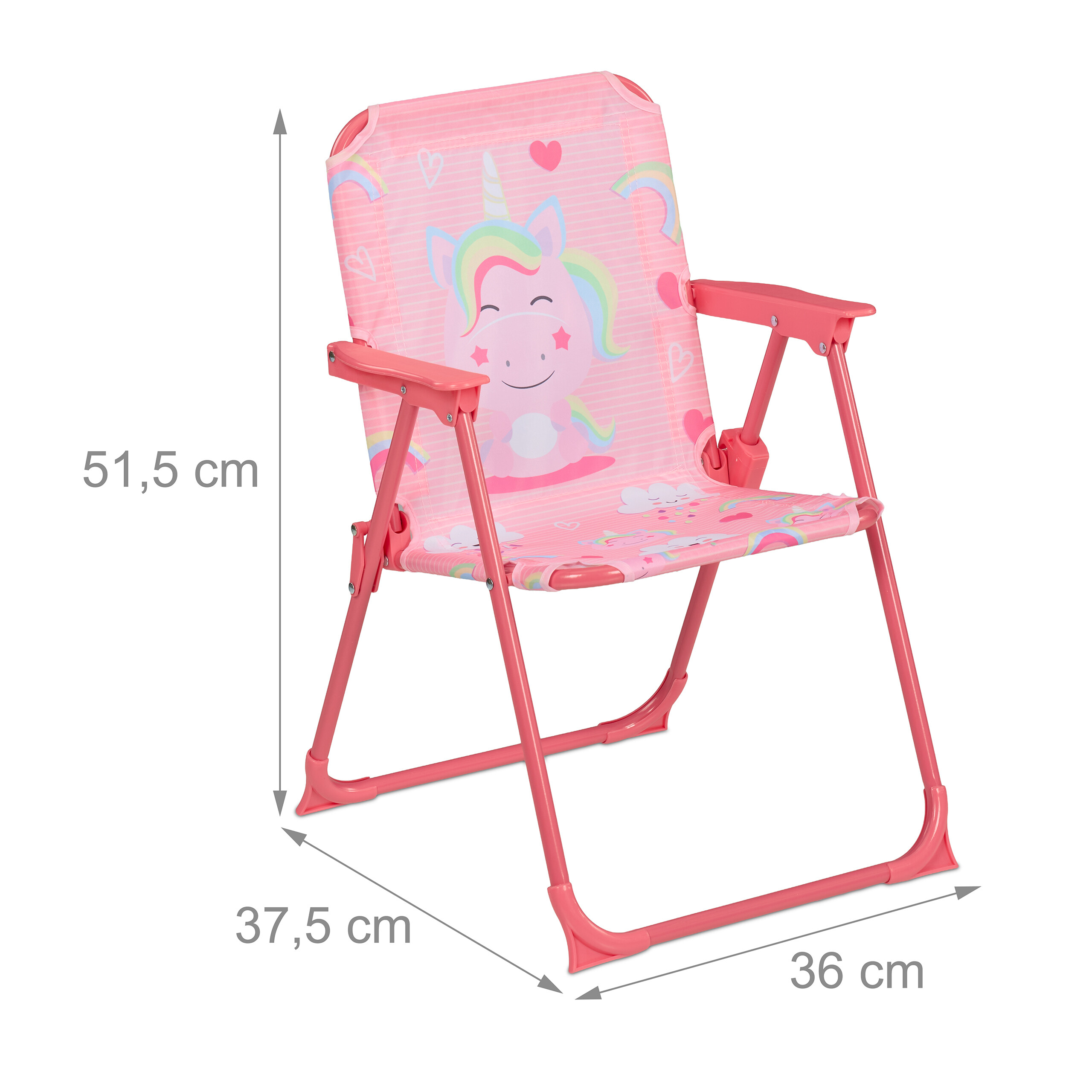Rosa zusammenklappbarer Kinder-Campingstuhl mit Einhorn-Muster und Maßangaben.