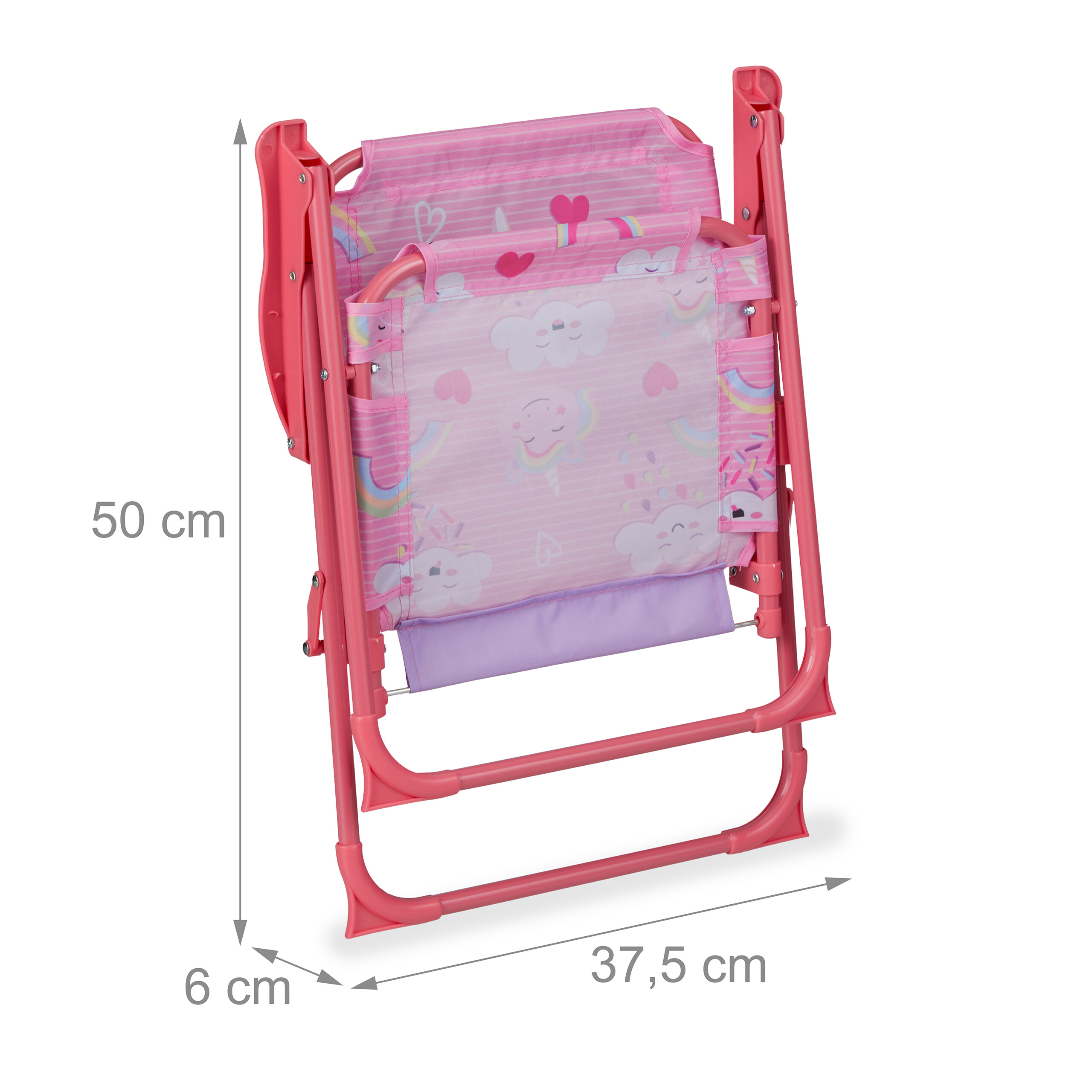 Ein zusammengeklappter rosa Klappstuhl mit Einhorn-Muster, Höhe 50 cm, Breite 37,5 cm und Tiefe 6 cm.