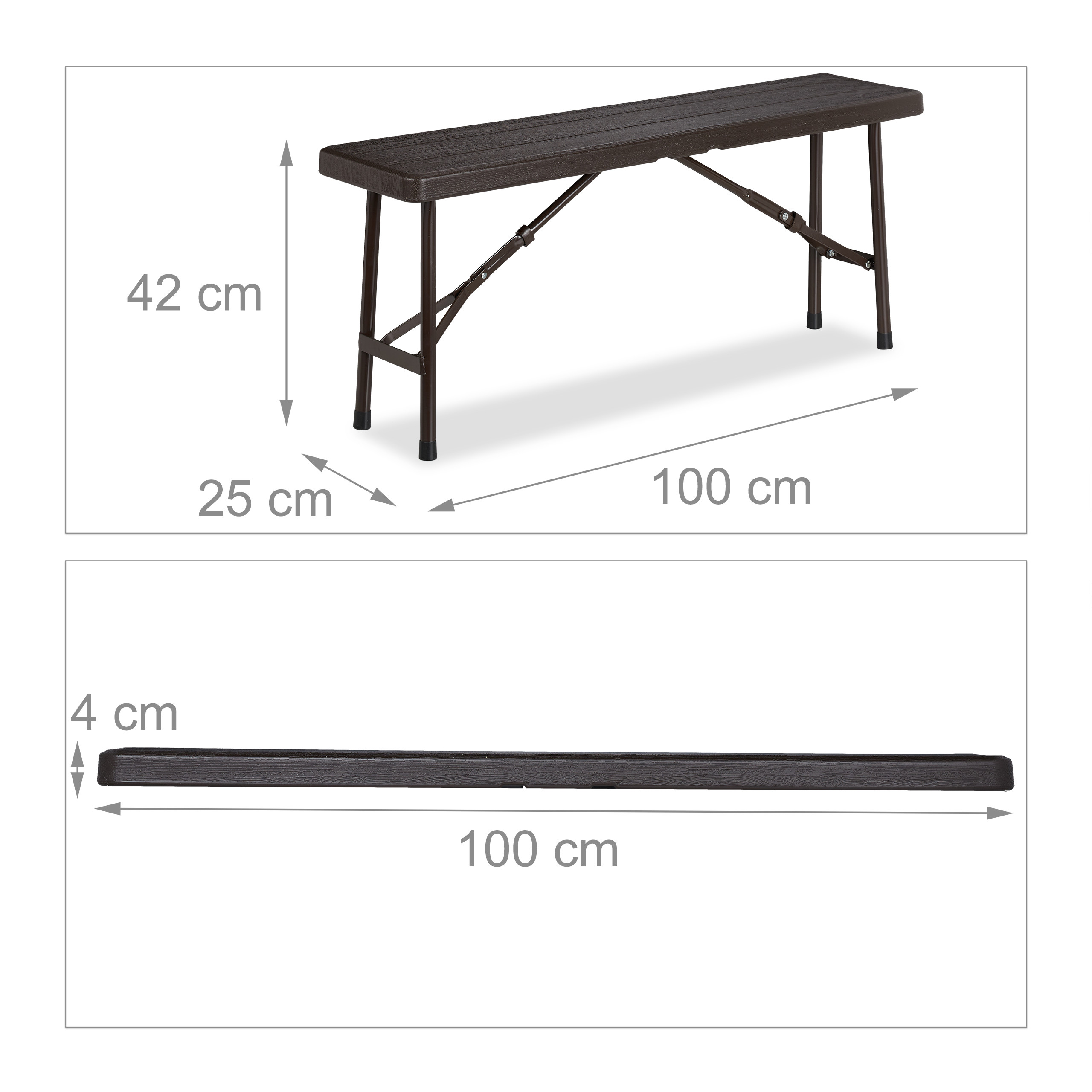 Technische Zeichnung einer braunen Bank mit Maßen: 100 cm lang, 25 cm tief, 42 cm hoch und 4 cm dick.