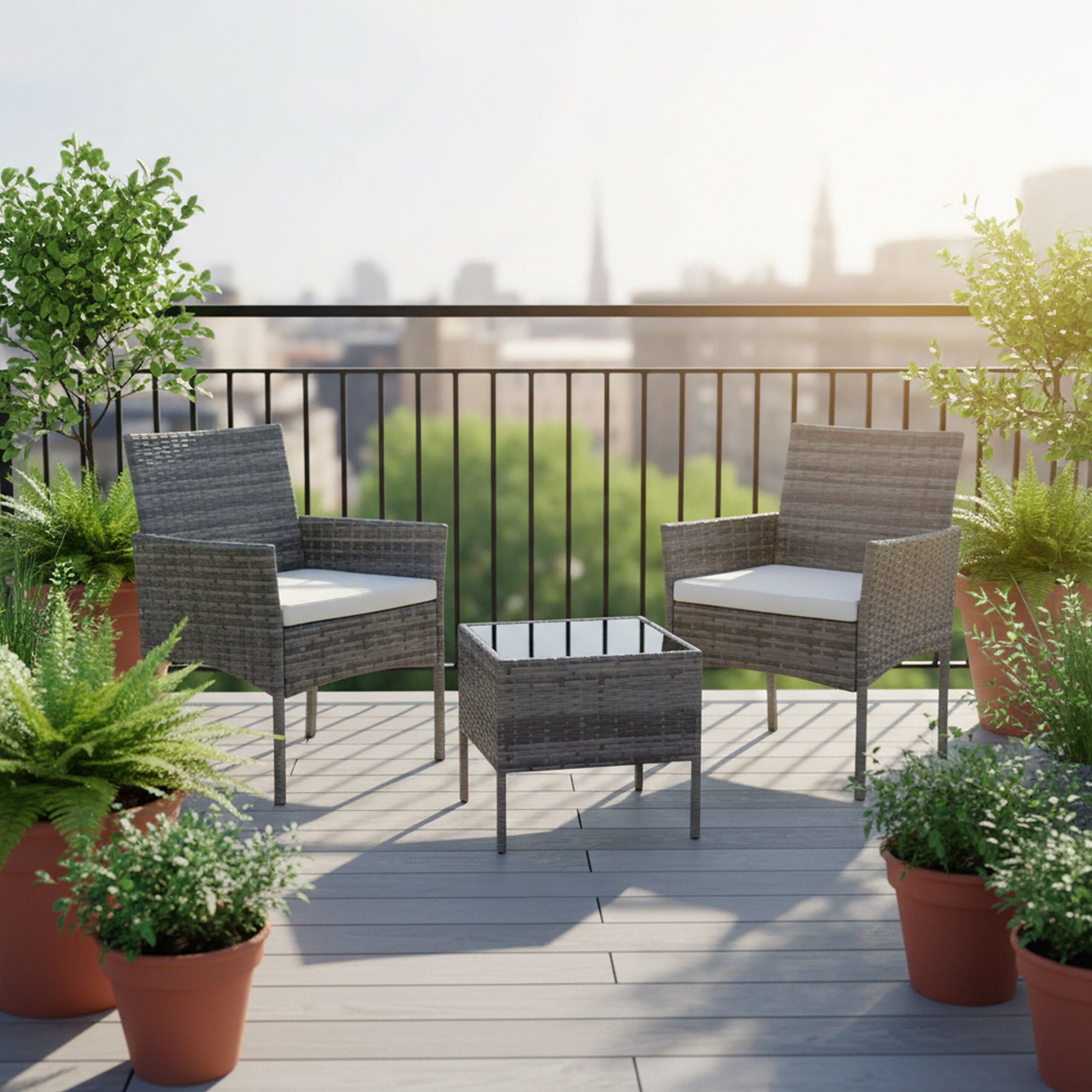 Ein sonniger Balkon mit zwei grauen Rattansesseln, einem kleinen Tisch und vielen Topfpflanzen vor einer Stadtkulisse.