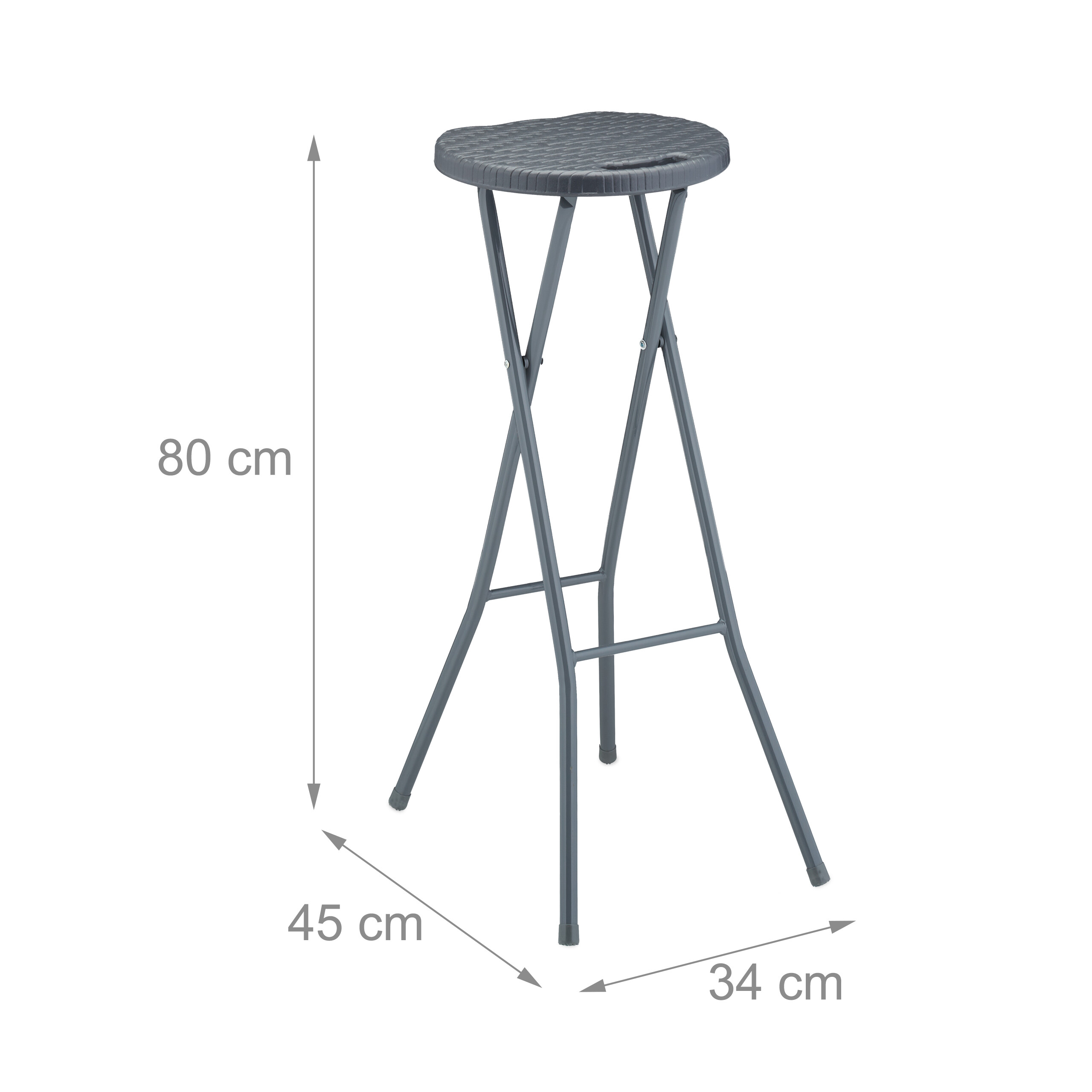 Grauer Klappbarhocker mit Maßen von 80 cm Höhe, 45 cm Tiefe und 34 cm Breite.