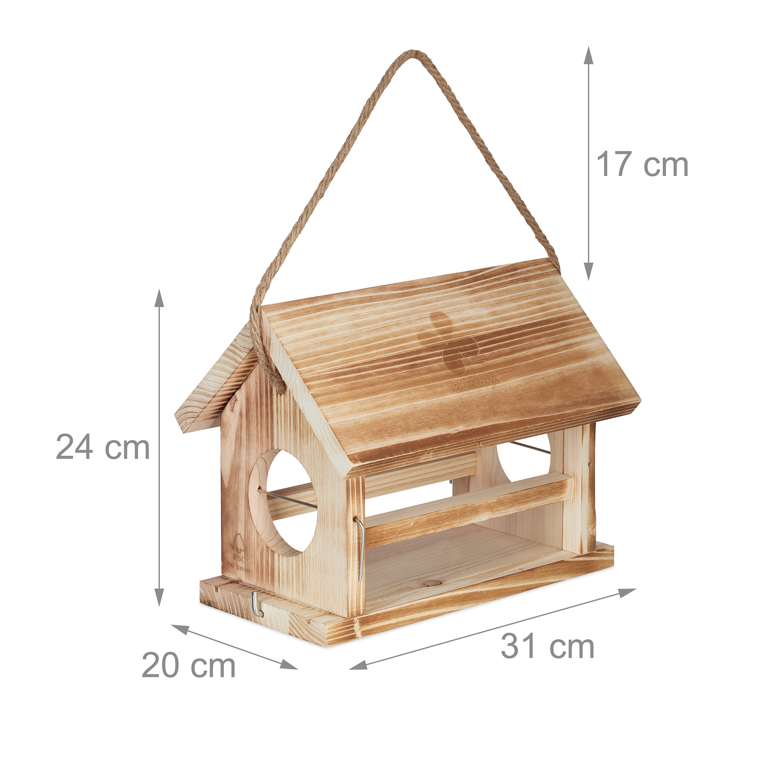 Holzvogelhaus mit Maßen: 31 cm Breite, 20 cm Tiefe, 24 cm Höhe und 17 cm Aufhängung.