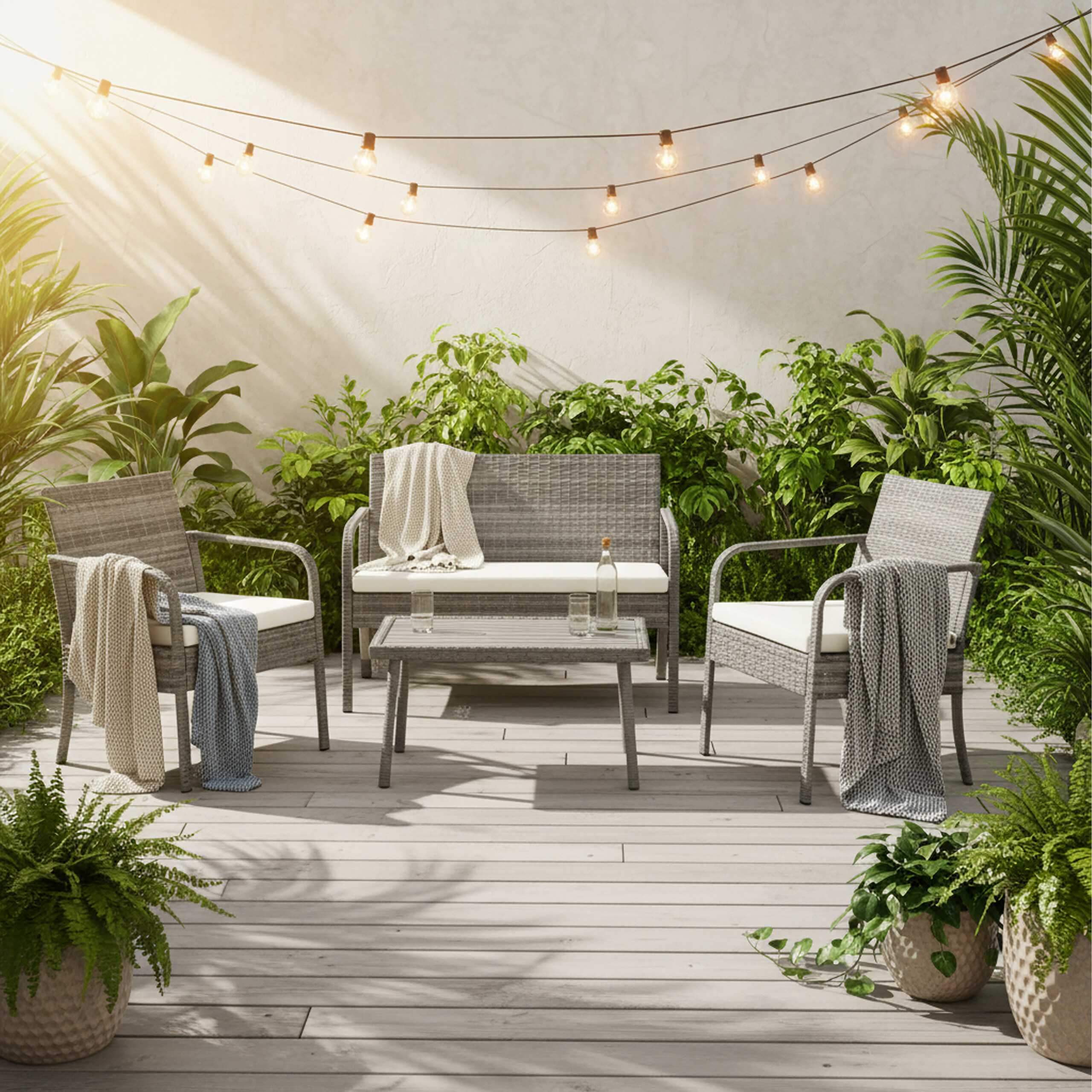 Wohnliches Patio mit grauen Korbmöbeln, weißen Kissen, Decken, Holztisch, Topfpflanzen und Lichterkette an der Wand.
