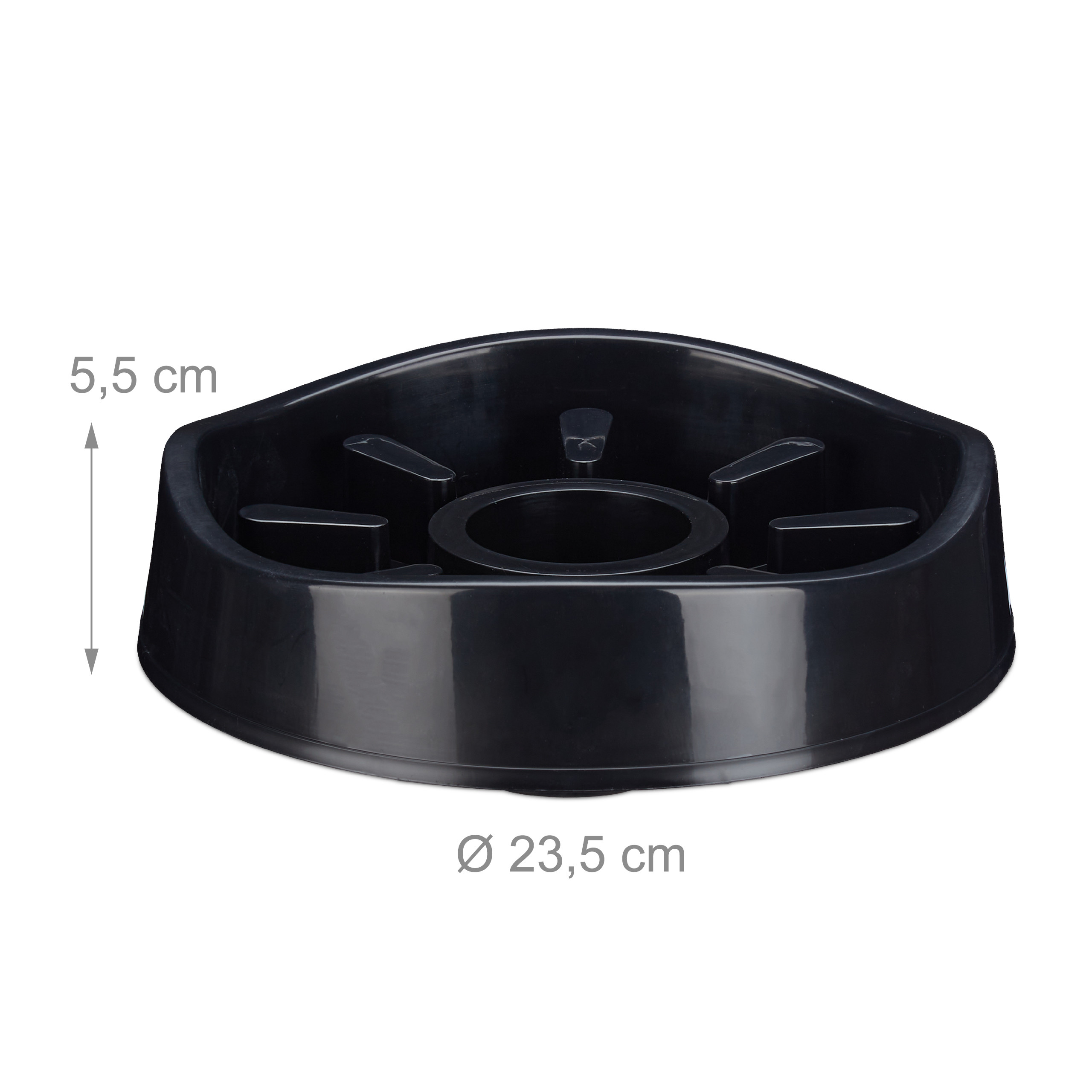 Schwarzer Anti-Schling-Napf mit inneren Hindernissen, Maße: Höhe 5,5 cm, Durchmesser 23,5 cm.