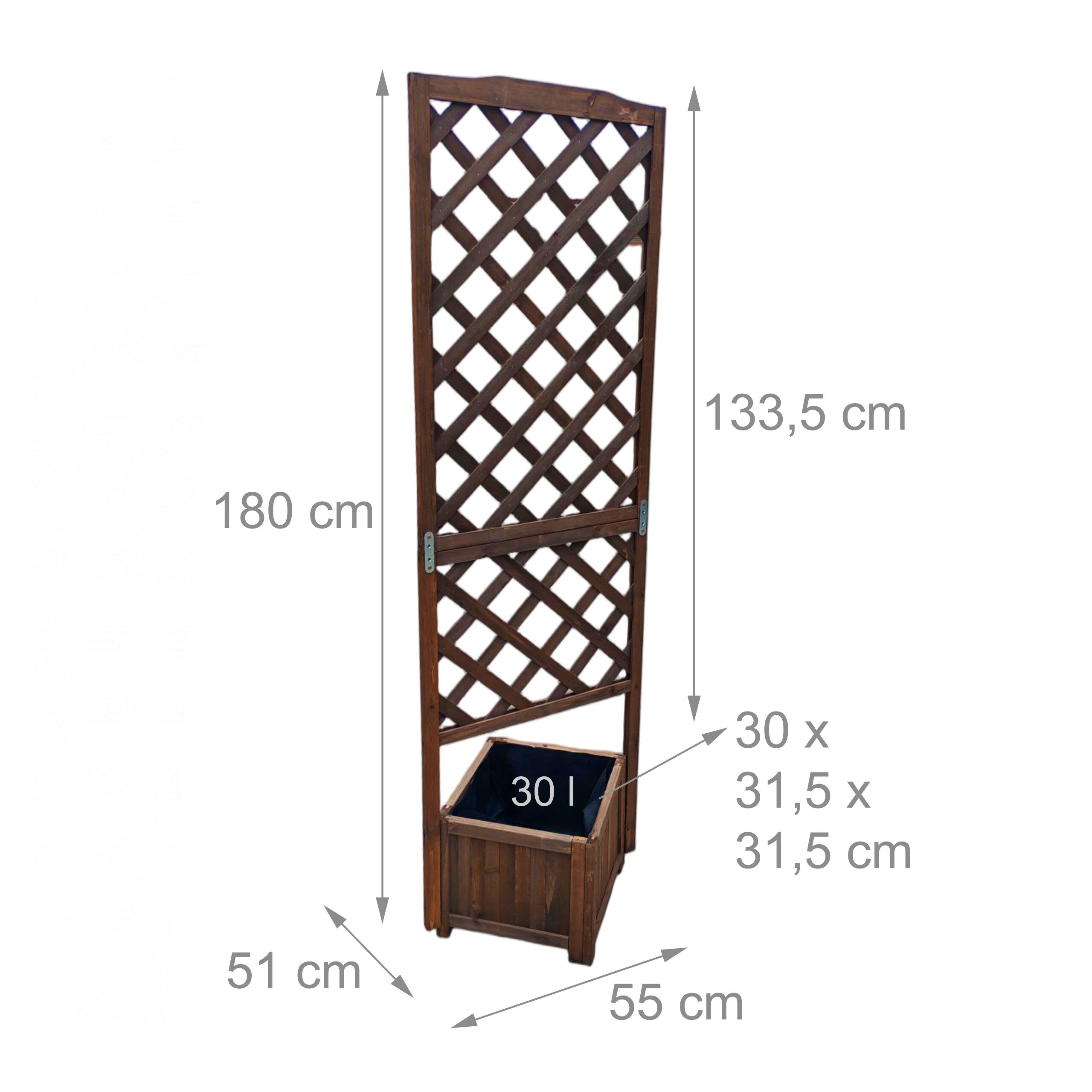 Hoher Blumenkübel aus dunklem Holz mit Spalier, Höhe 180 cm, Breite 55 cm, Tiefe 51 cm und 30L Volumen.