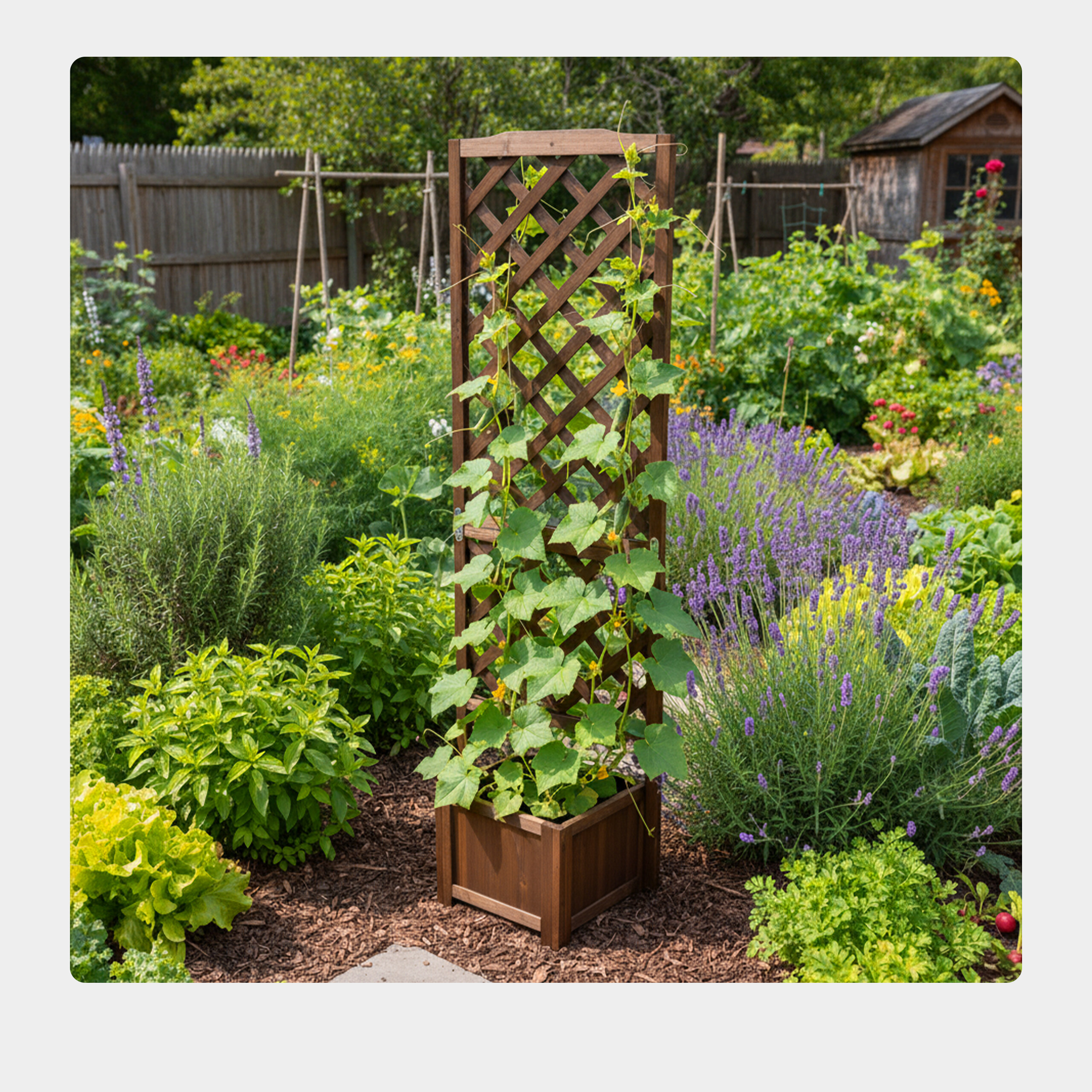 Ein hölzernes Spalier mit kletternden Gurkenpflanzen steht in einem lebendigen Garten mit Blumen, Kräutern und Holzzaun.