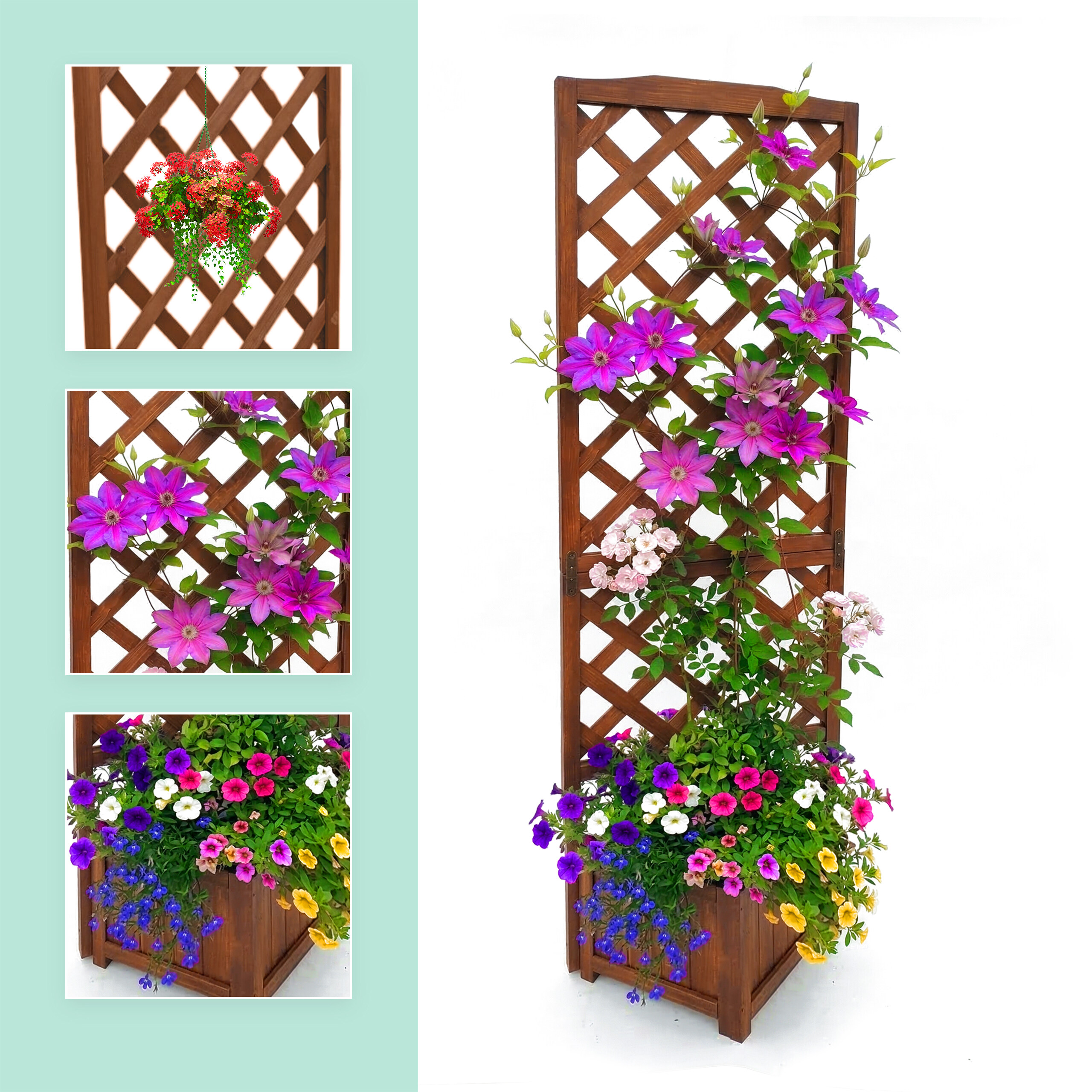 Ein hölzernes Gartenspalier mit violetten Clematis-Blüten und einem bunten Blumenkasten unten.