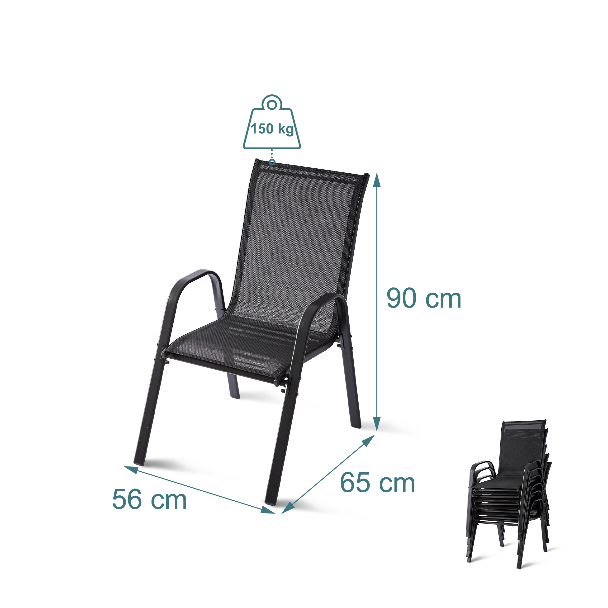 Schwarzer Gartenstuhl aus Netzgewebe, Maße 56x65x90 cm, 150 kg Tragkraft, mit gestapelter Ansicht auf weißem Hintergrund.