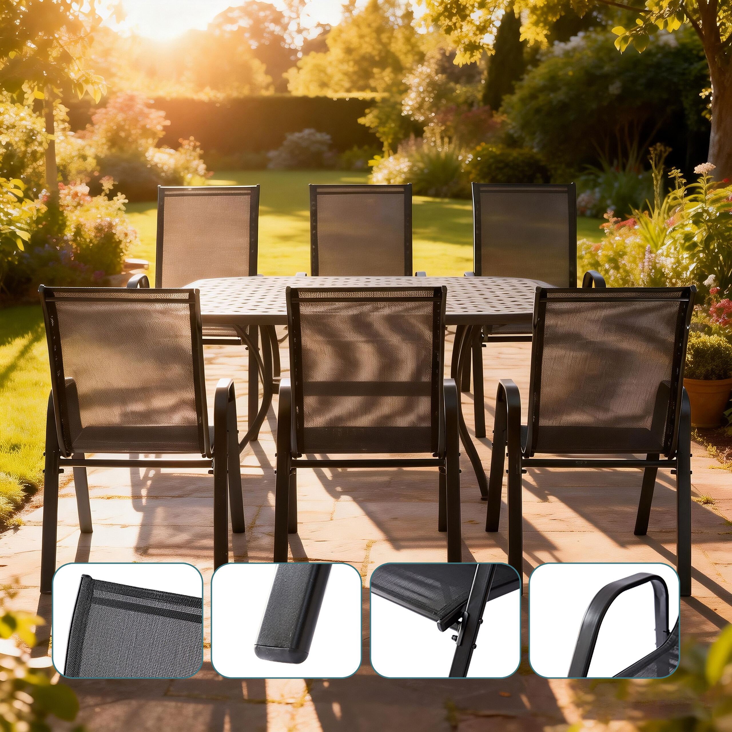 Metallgartenmöbelset auf einer sonnigen Terrasse, umgeben von einem grünen Garten, mit Detailaufnahmen.