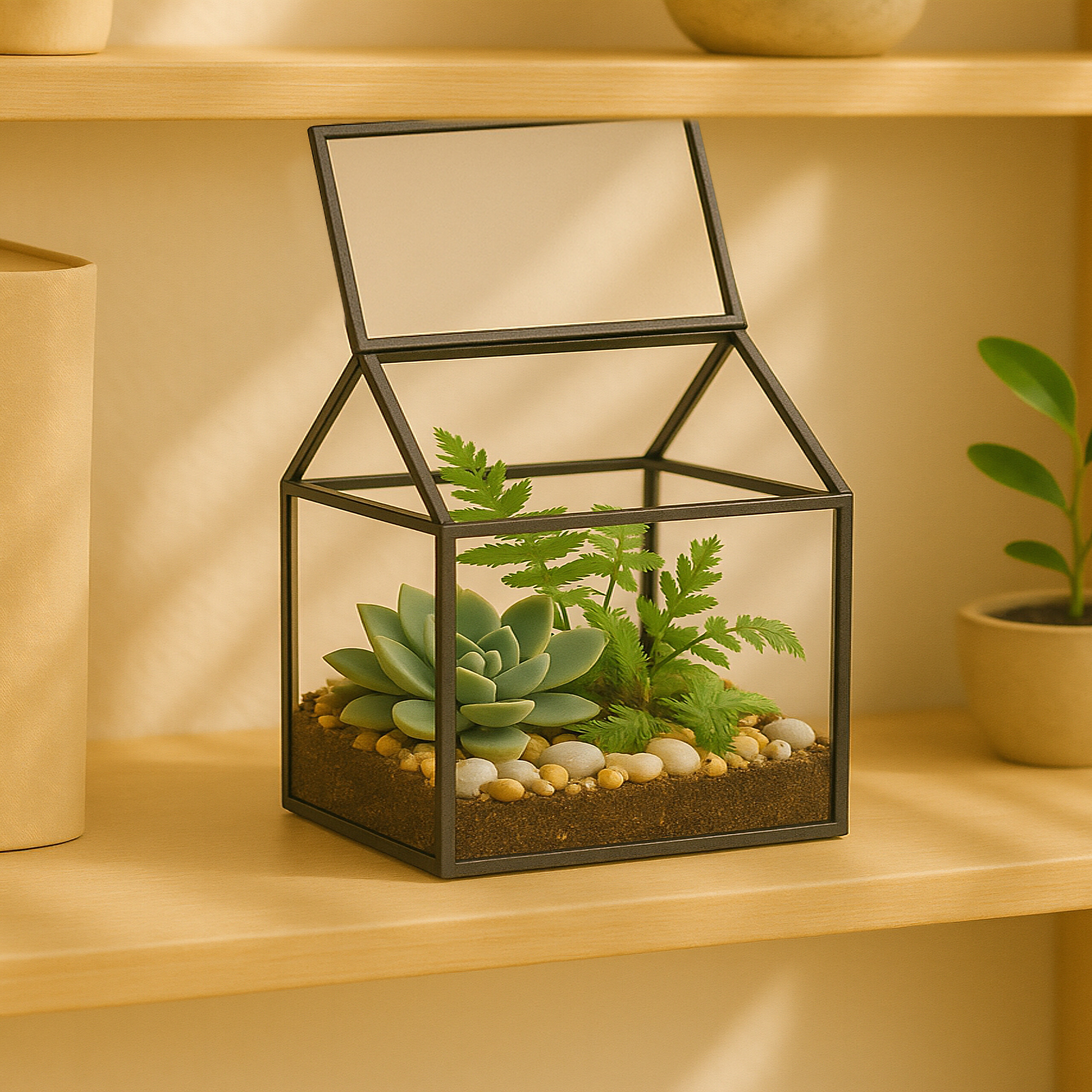 Ein hausförmiges Glasterrarium mit Erde, kleinen Steinen, einer Sukkulente und einem Farn auf einem Holzregal.