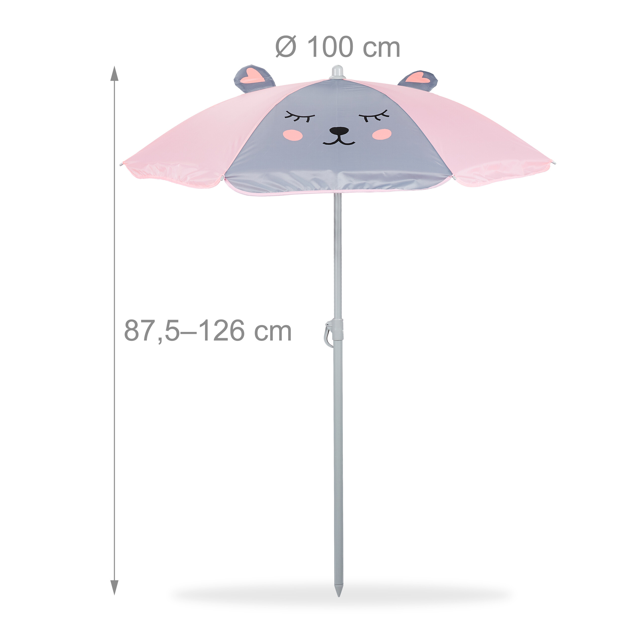 Rosa und grauer Kindersonnenschirm mit niedlichem Koalagesicht und Maßen.