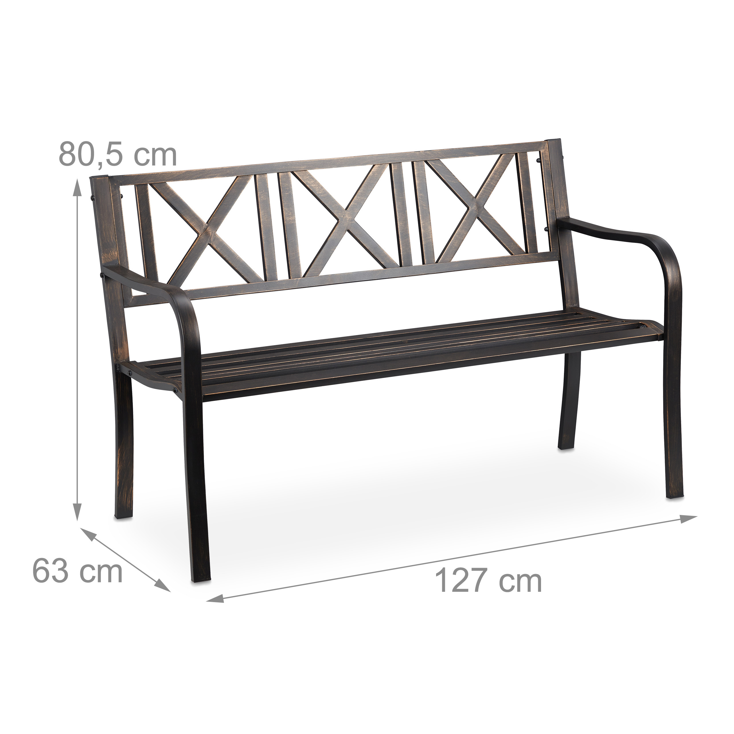 Dunkelbraune Gartenbank aus Metall mit X-förmiger Rückenlehne und Maßen von 127x63x80,5 cm vor weißem Hintergrund.