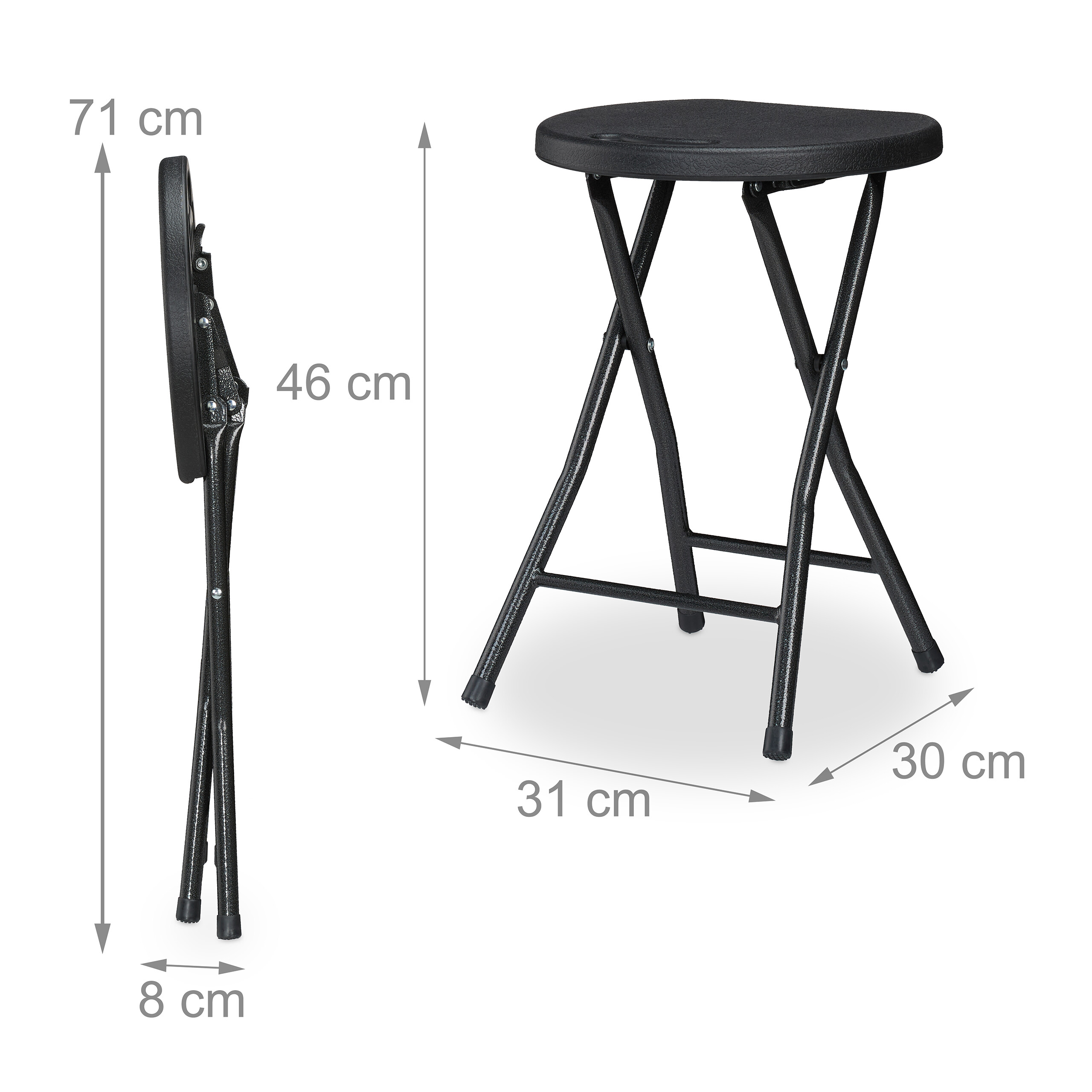 Schwarzer Klapphocker mit Maßen in aufgebautem und gefaltetem Zustand.