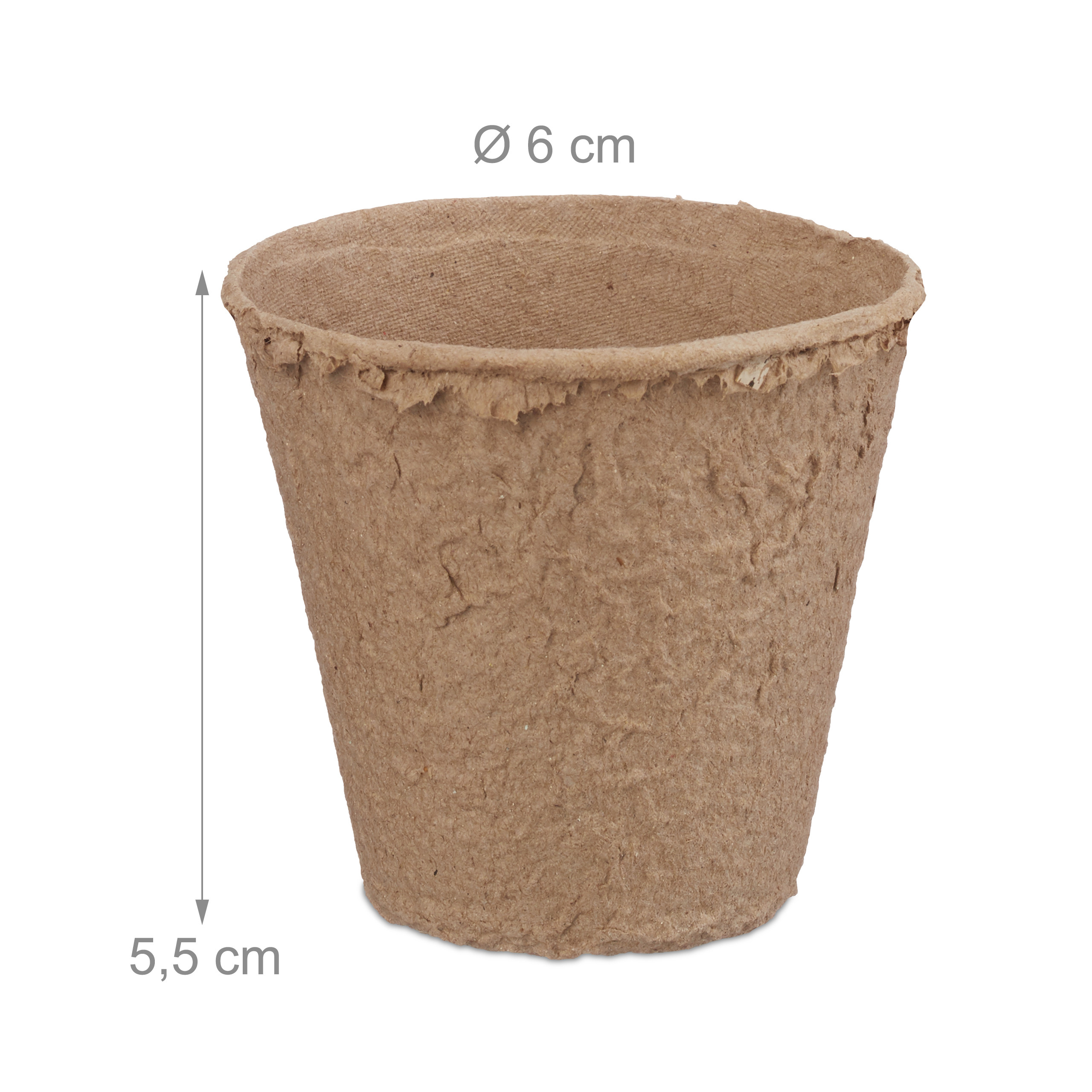 Ein runder brauner Papiertopf mit 6 cm Durchmesser und 5,5 cm Höhe auf weißem Hintergrund.