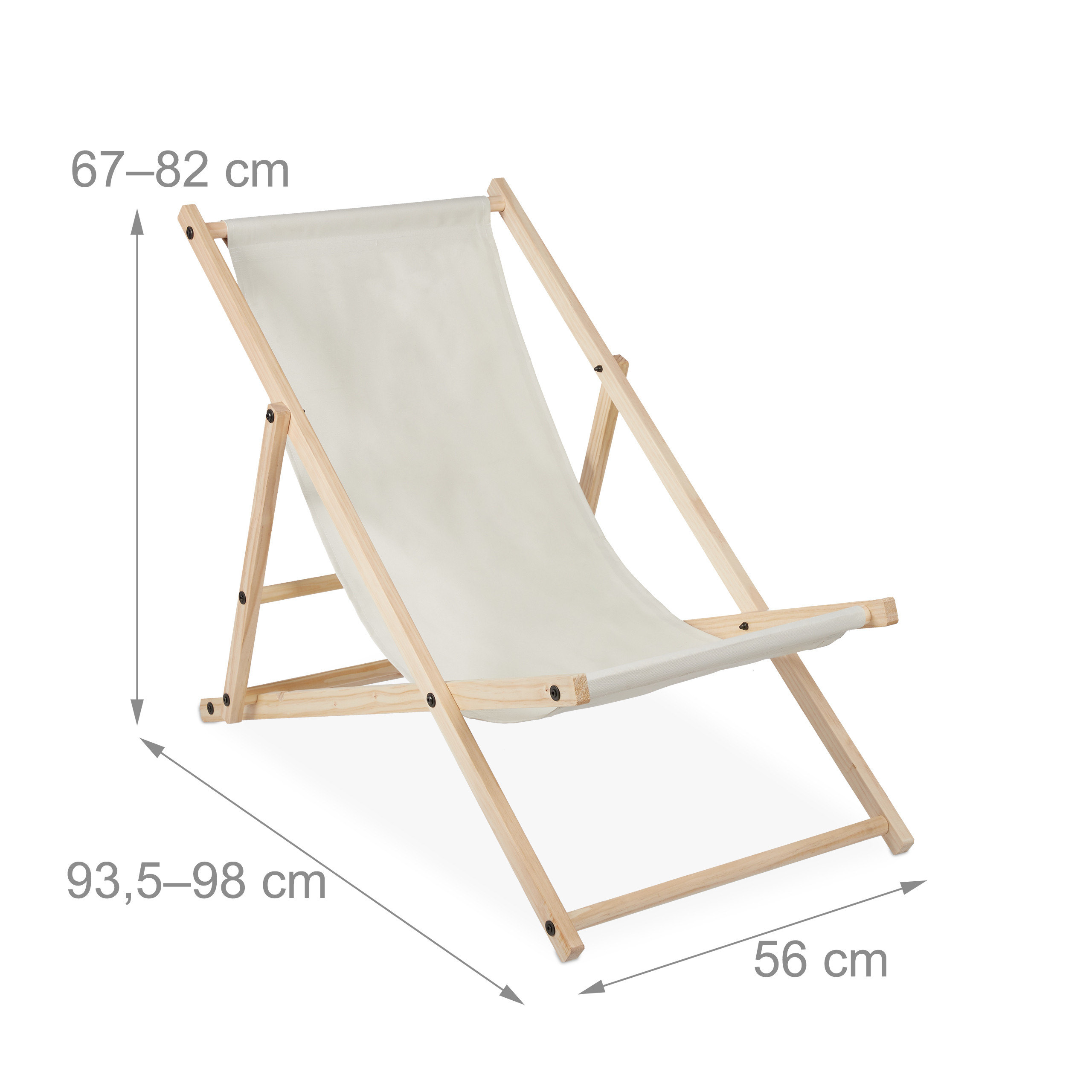 Ein Holzdeckstuhl mit weißem Stoffbezug, mit Maßen in Zentimetern.