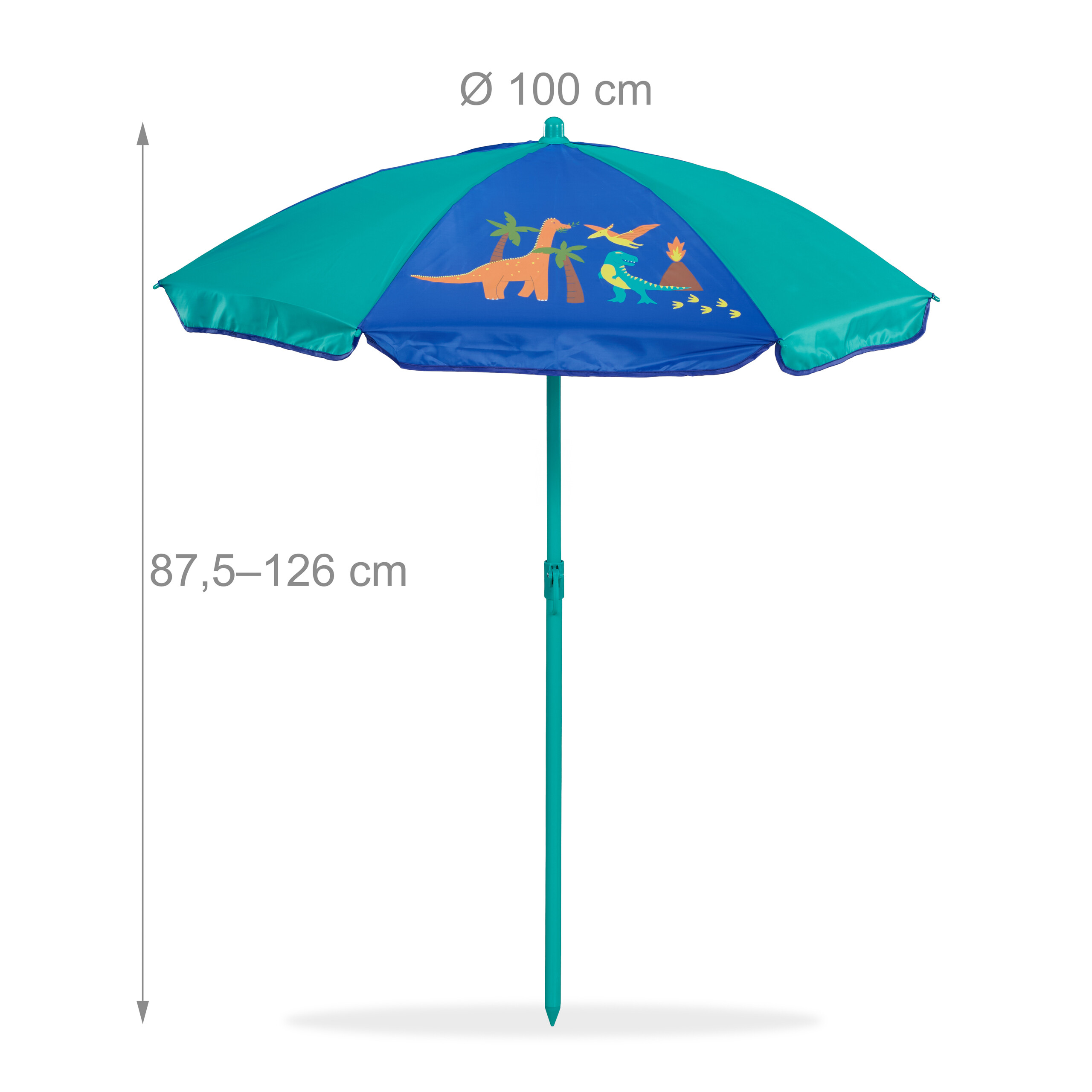 Bunter Kinderschirm mit Dinosaurier-Motiv, 100 cm Durchmesser und verstellbarer Höhe von 87,5 bis 126 cm.