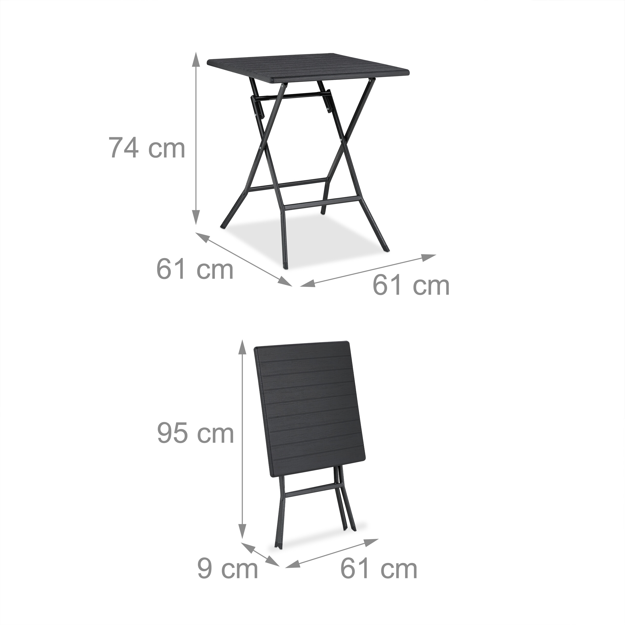 Diagramm zeigt die Maße eines klappbaren schwarzen Tisches in geöffnetem und gefaltetem Zustand.