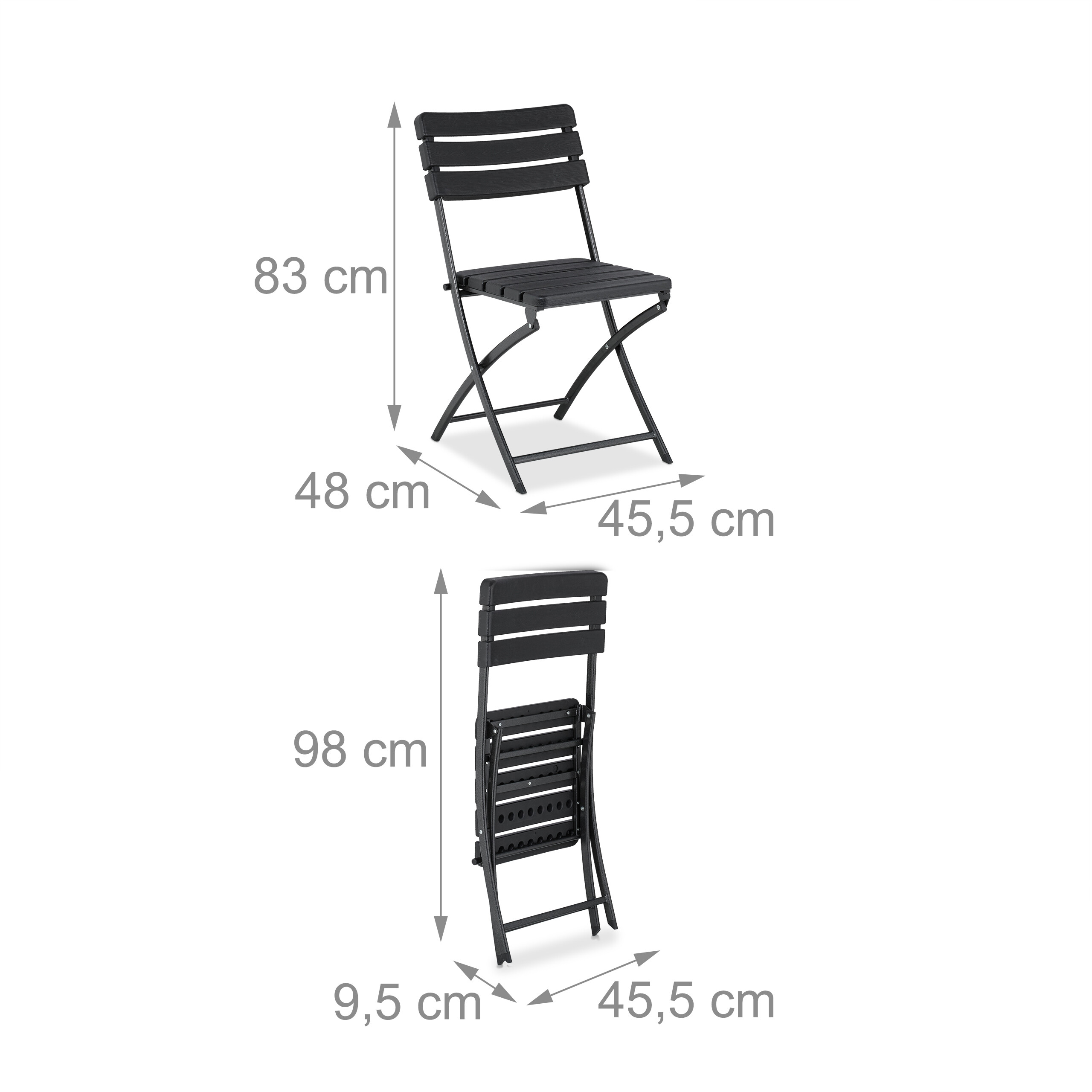 Schwarzer Klappstuhl mit Maßen: aufgebaut 83x45,5x48 cm, zusammengeklappt 98x45,5x9,5 cm.