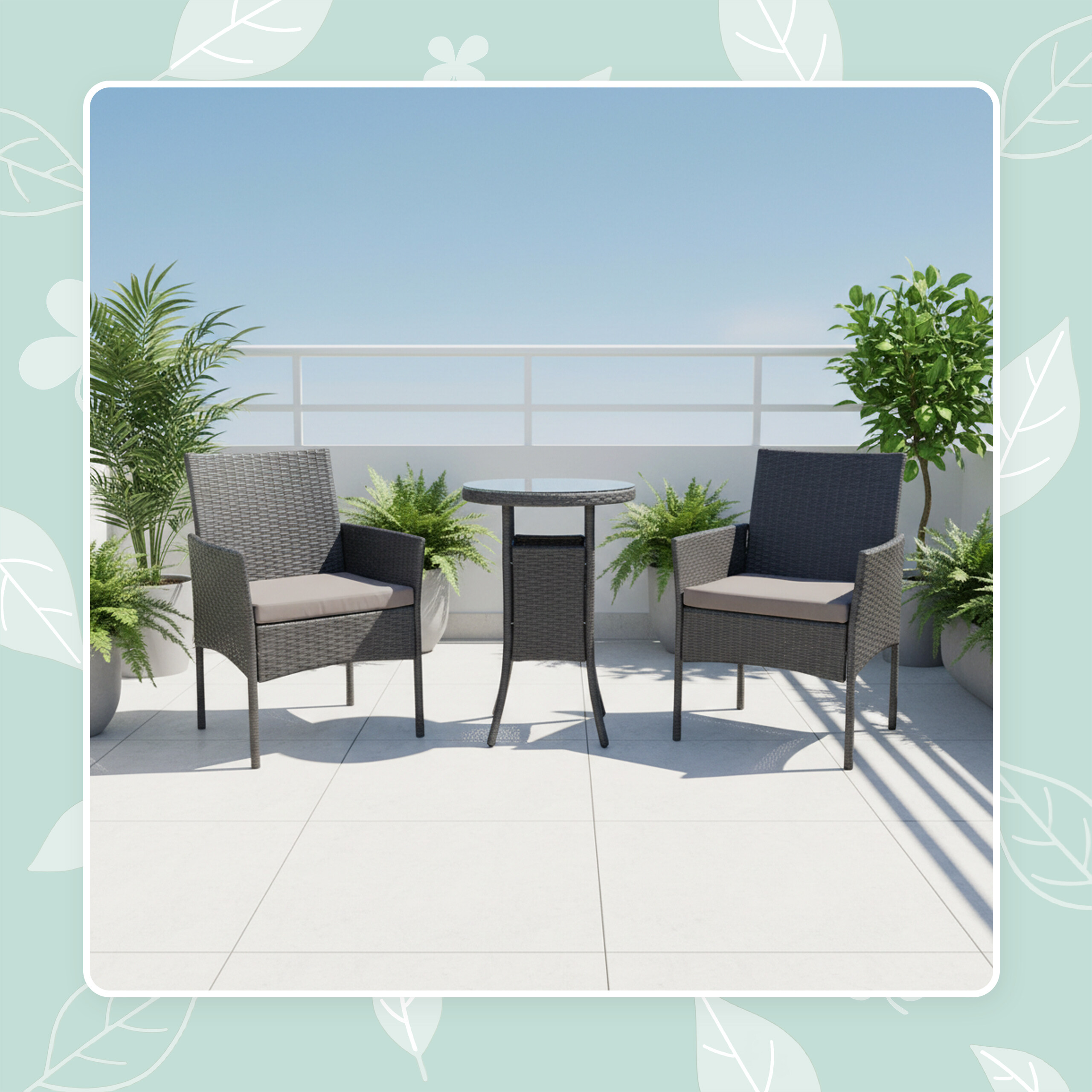 Ein Rattan-Tisch und zwei Stühle mit Kissen auf einem sonnigen Balkon mit Topfpflanzen.