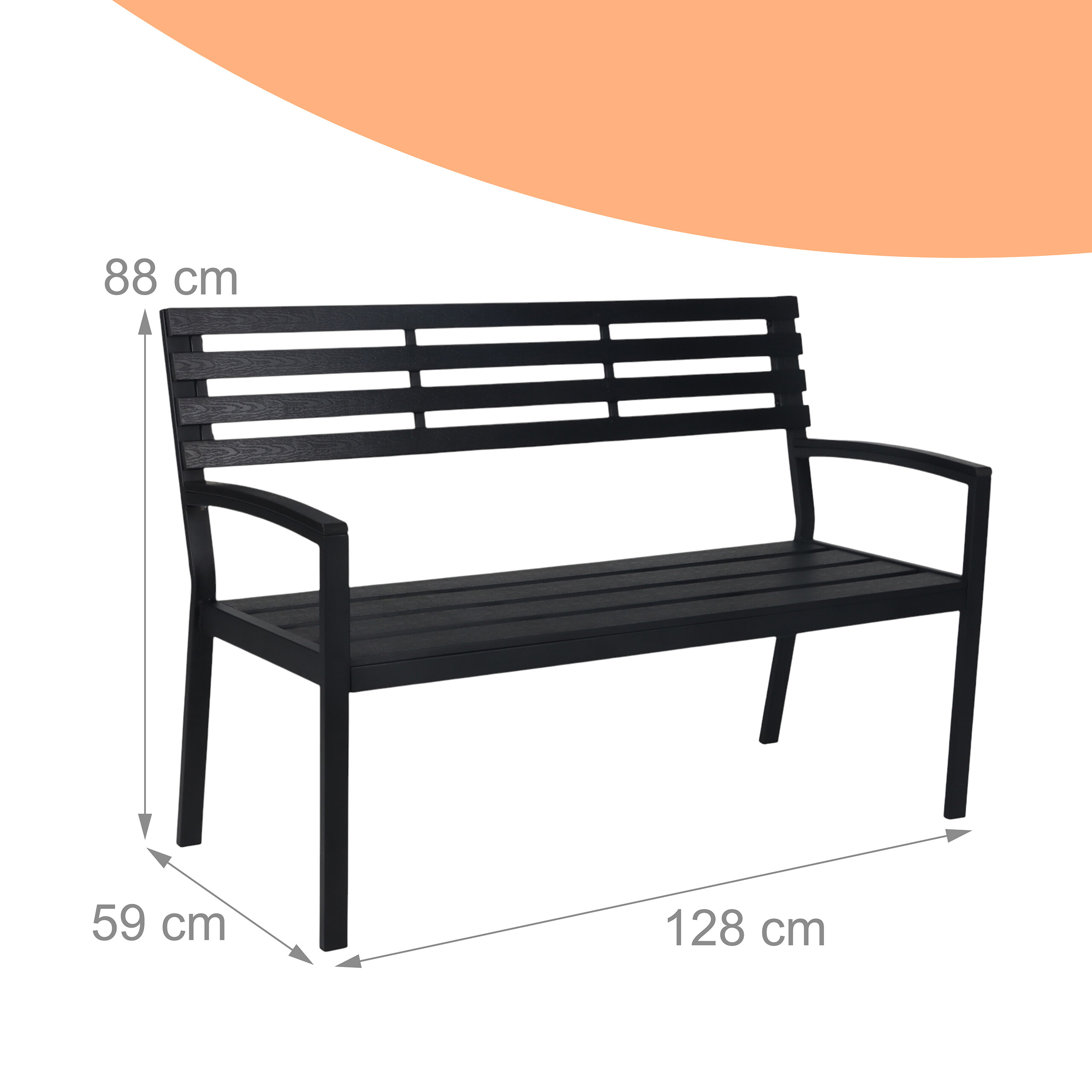 Schwarze Gartenbank mit Maßen von 128x59x88 cm.